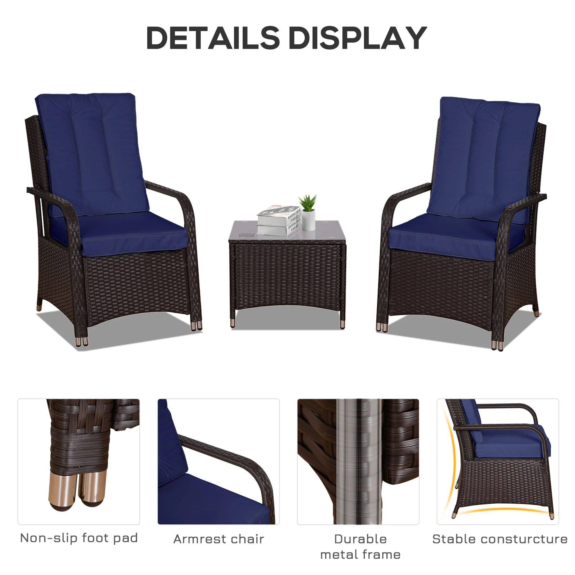 Outsunny Rattan 3PCs Chair Table Bistro Set Patio Set w/ Steel Frame Blue - Image 3