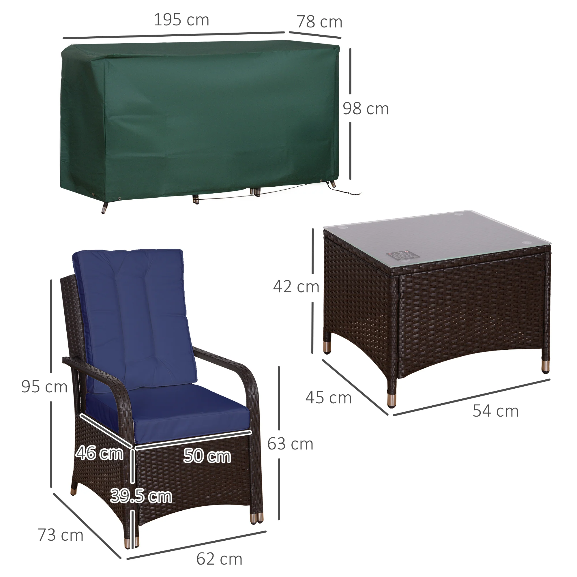 Outsunny Rattan 3PCs Chair Table Bistro Set Patio Set w/ Steel Frame Blue - Image 5