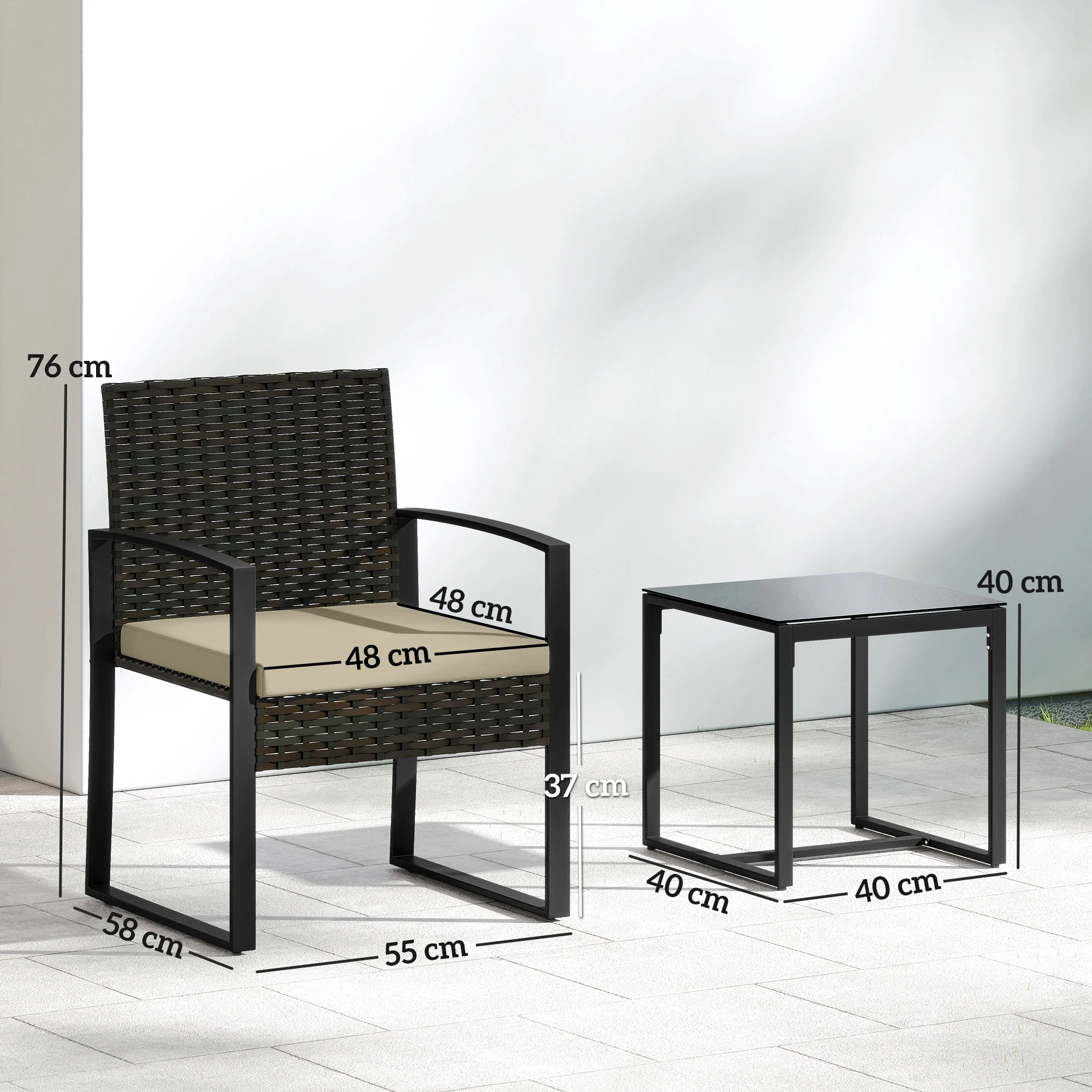 Outsunny Rattan Bistro Set, 3 PCS Garden Furniture with Cushion, Khaki - Image 3