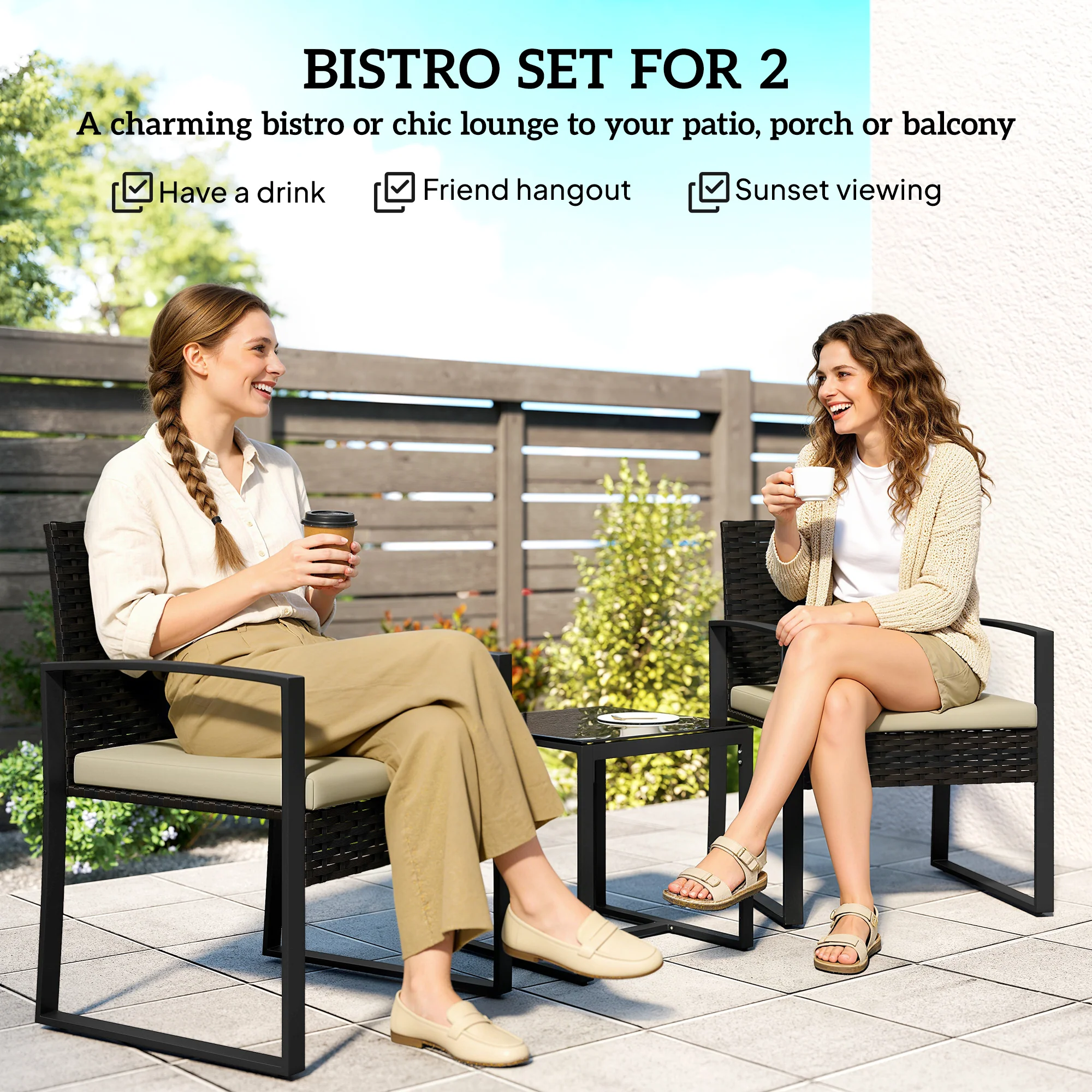 Outsunny Rattan Bistro Set, 3 PCS Garden Furniture with Cushion, Khaki - Image 4