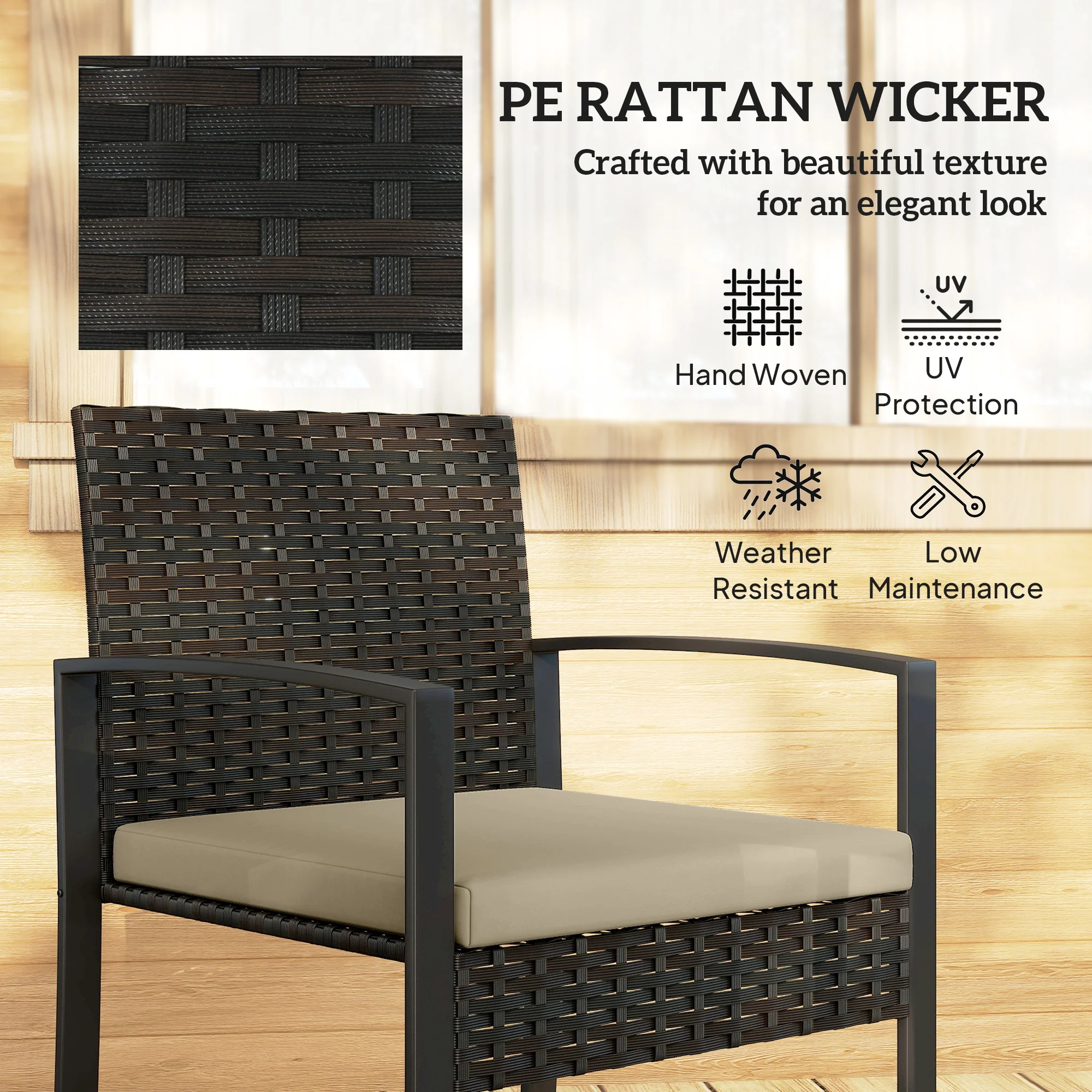 Outsunny Rattan Bistro Set, 3 PCS Garden Furniture with Cushion, Khaki - Image 5