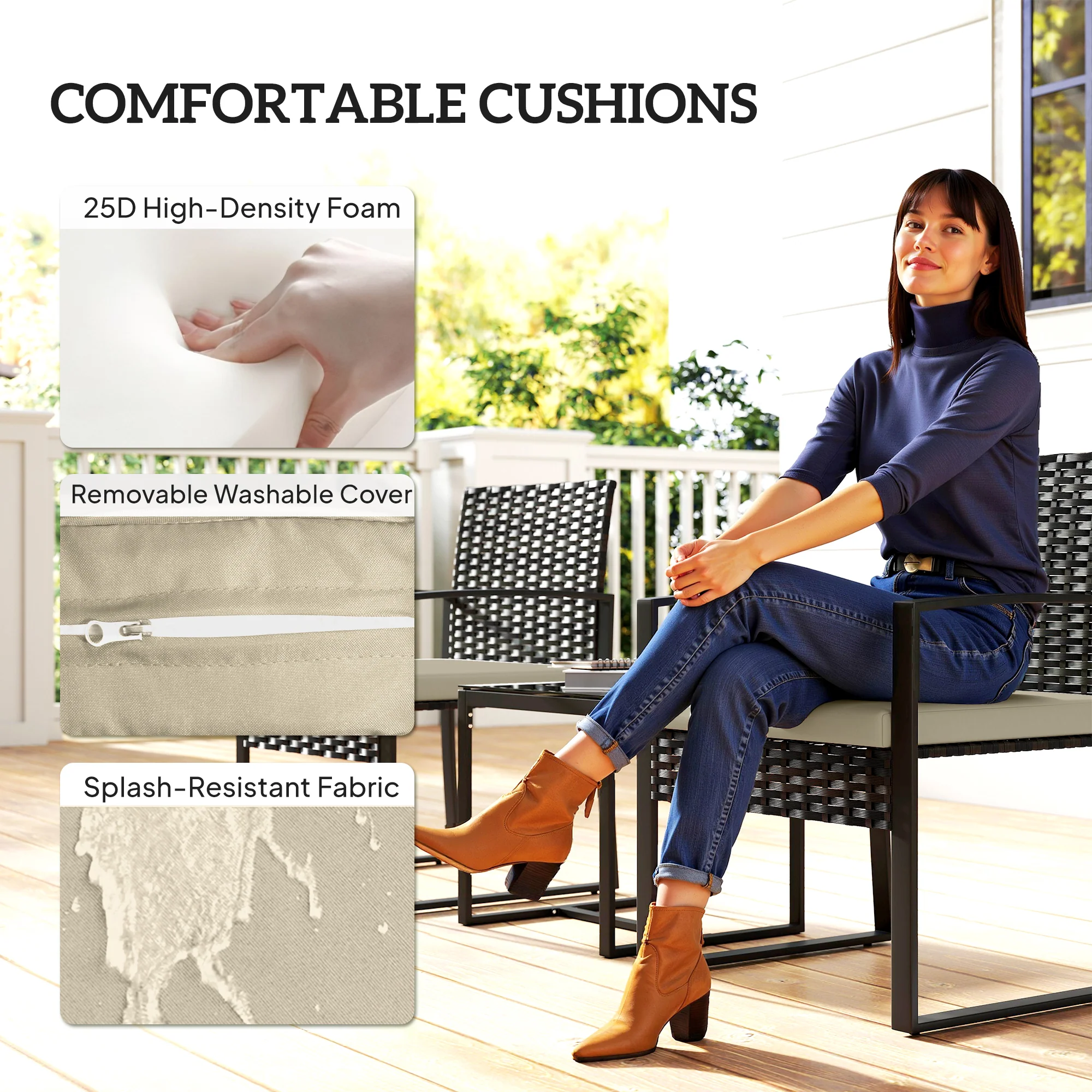 Outsunny Rattan Bistro Set, 3 PCS Garden Furniture with Cushion, Khaki - Image 6