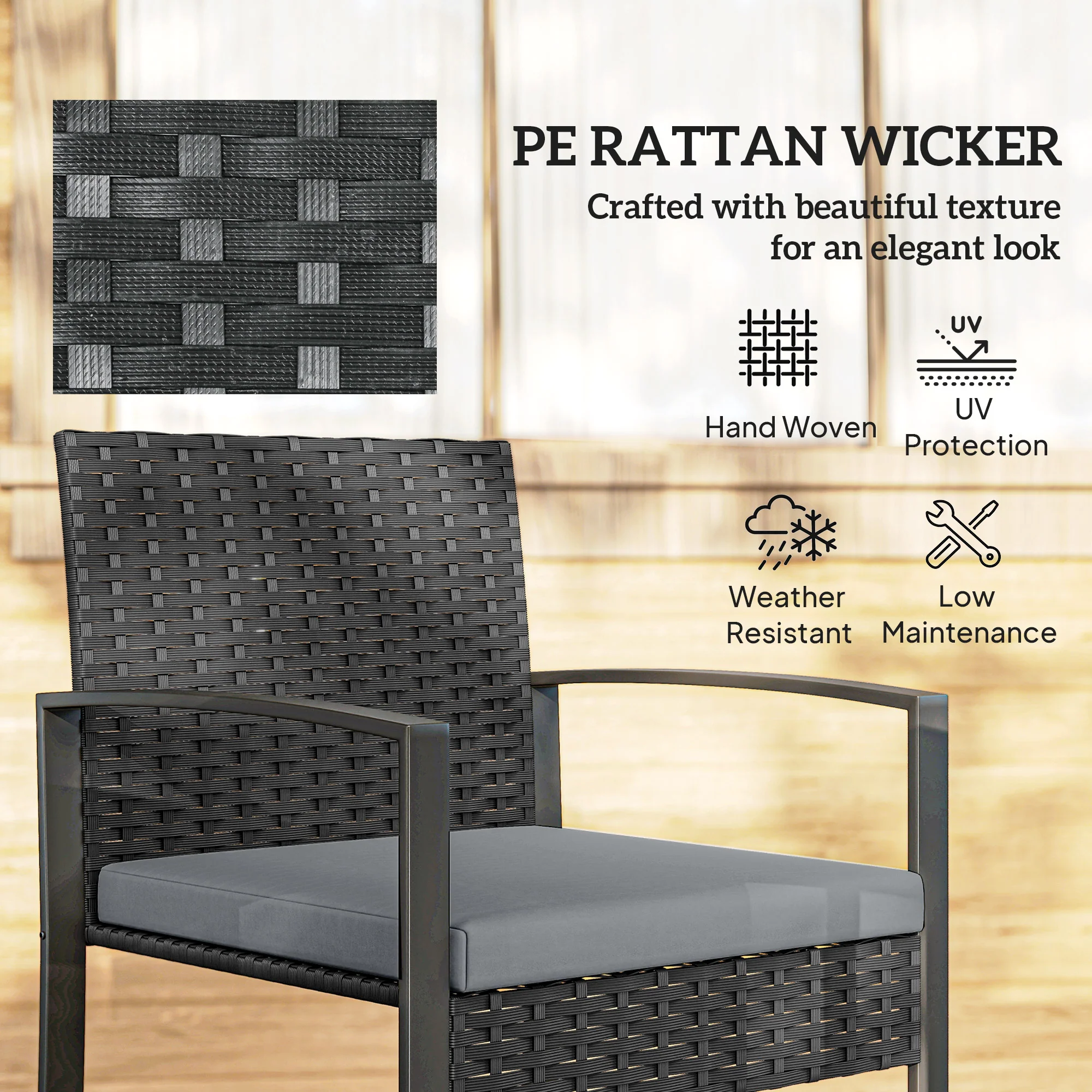 Outsunny Rattan Bistro Set, 3 PCS Garden Furniture with Cushion, Light Grey - Image 5