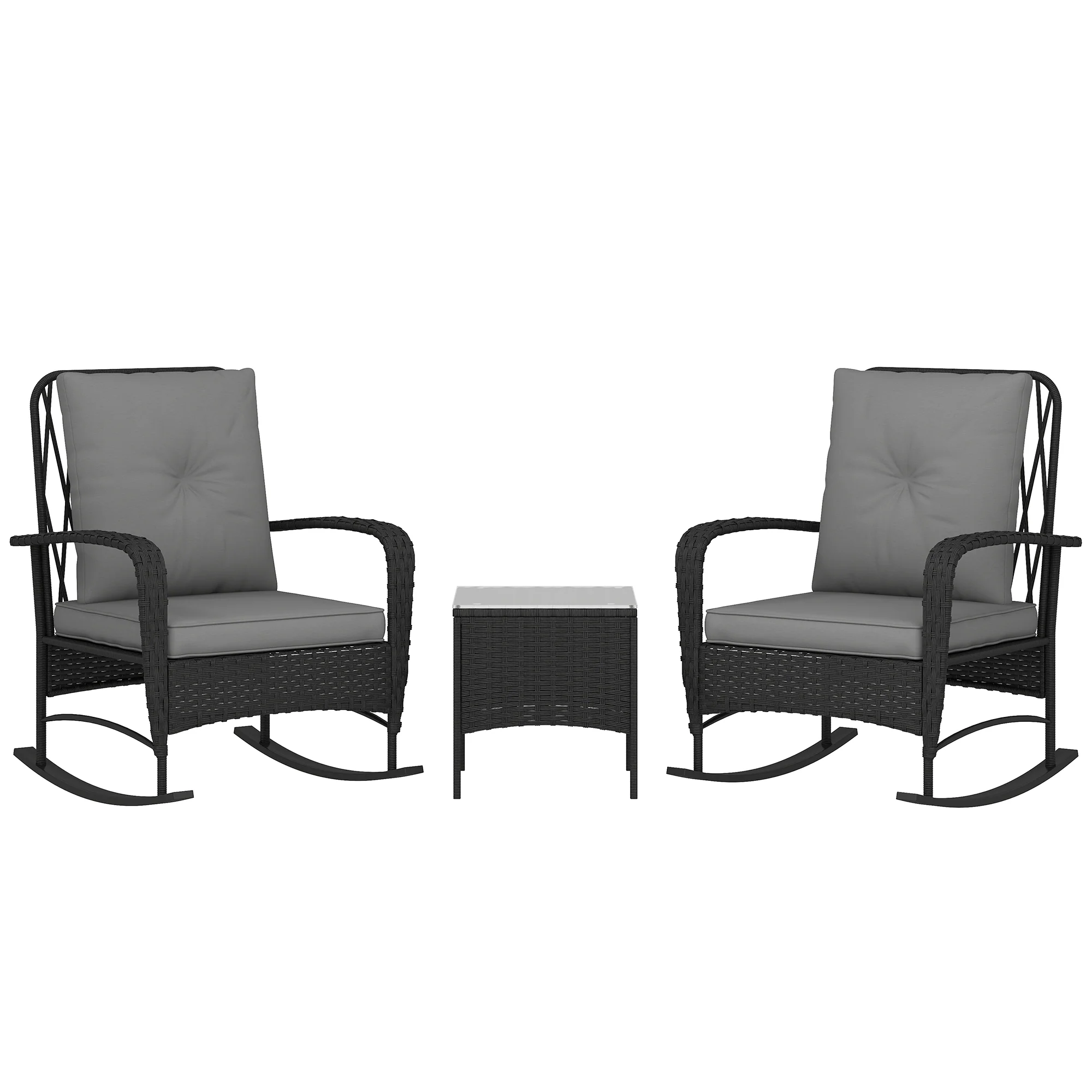 Outsunny Rattan Bistro Set Balcony Furniture with Rocking Chairs, Black