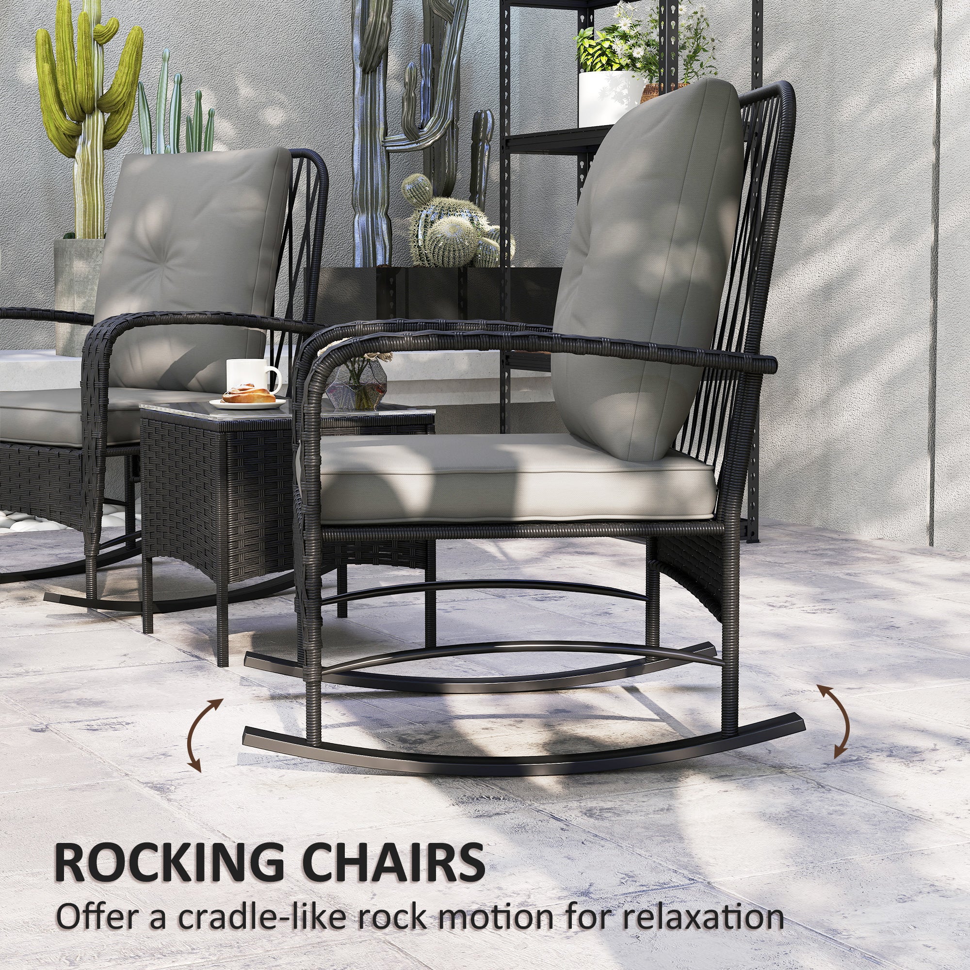 Outsunny Rattan Bistro Set Balcony Furniture with Rocking Chairs, Black - Image 3