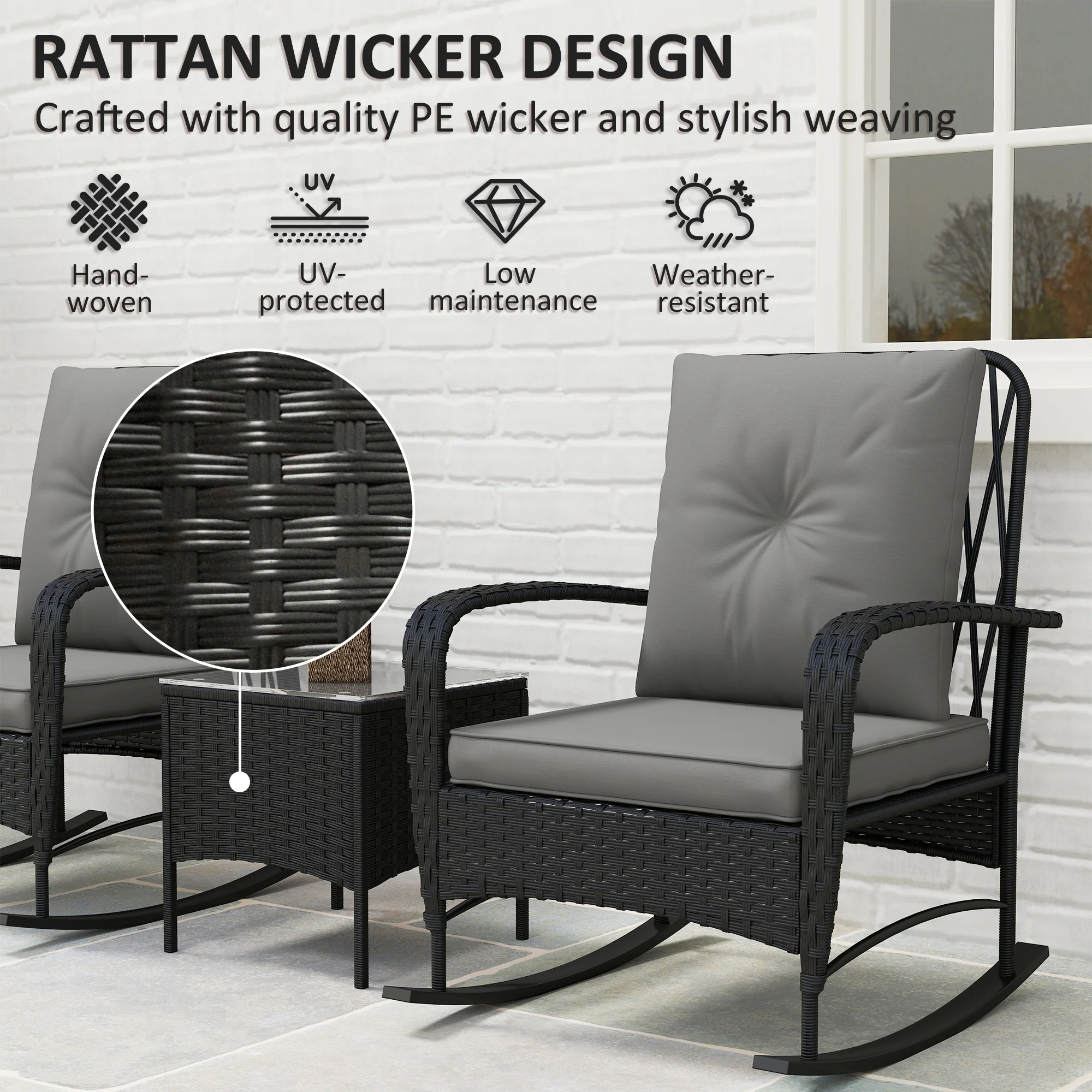 Outsunny Rattan Bistro Set Balcony Furniture with Rocking Chairs, Black - Image 4