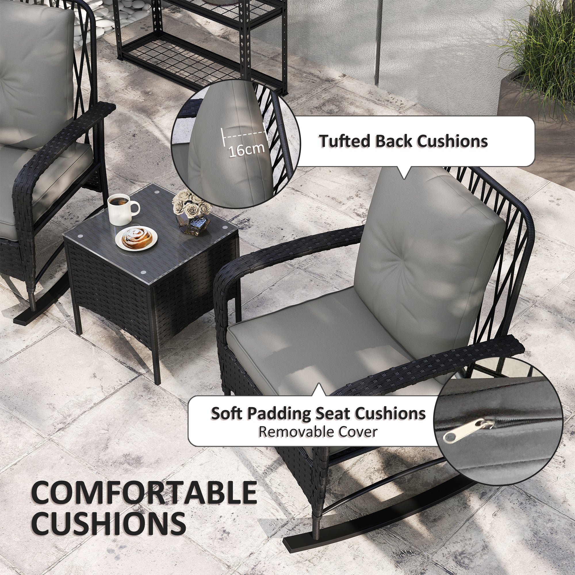 Outsunny Rattan Bistro Set Balcony Furniture with Rocking Chairs, Black - Image 6