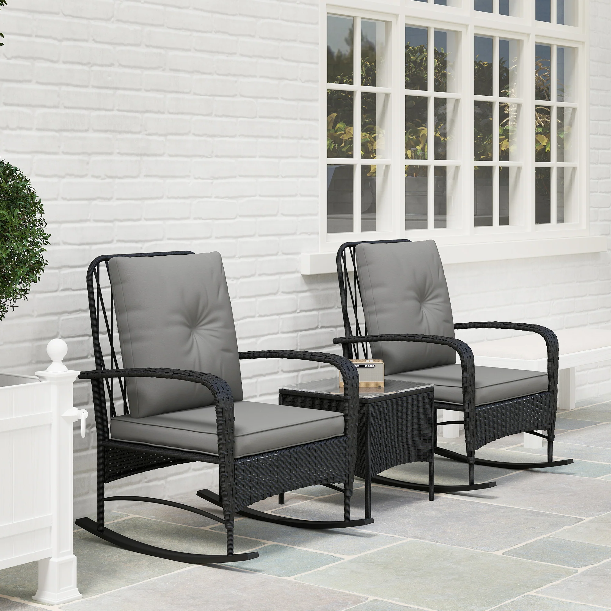 Outsunny Rattan Bistro Set Balcony Furniture with Rocking Chairs, Black - Image 8
