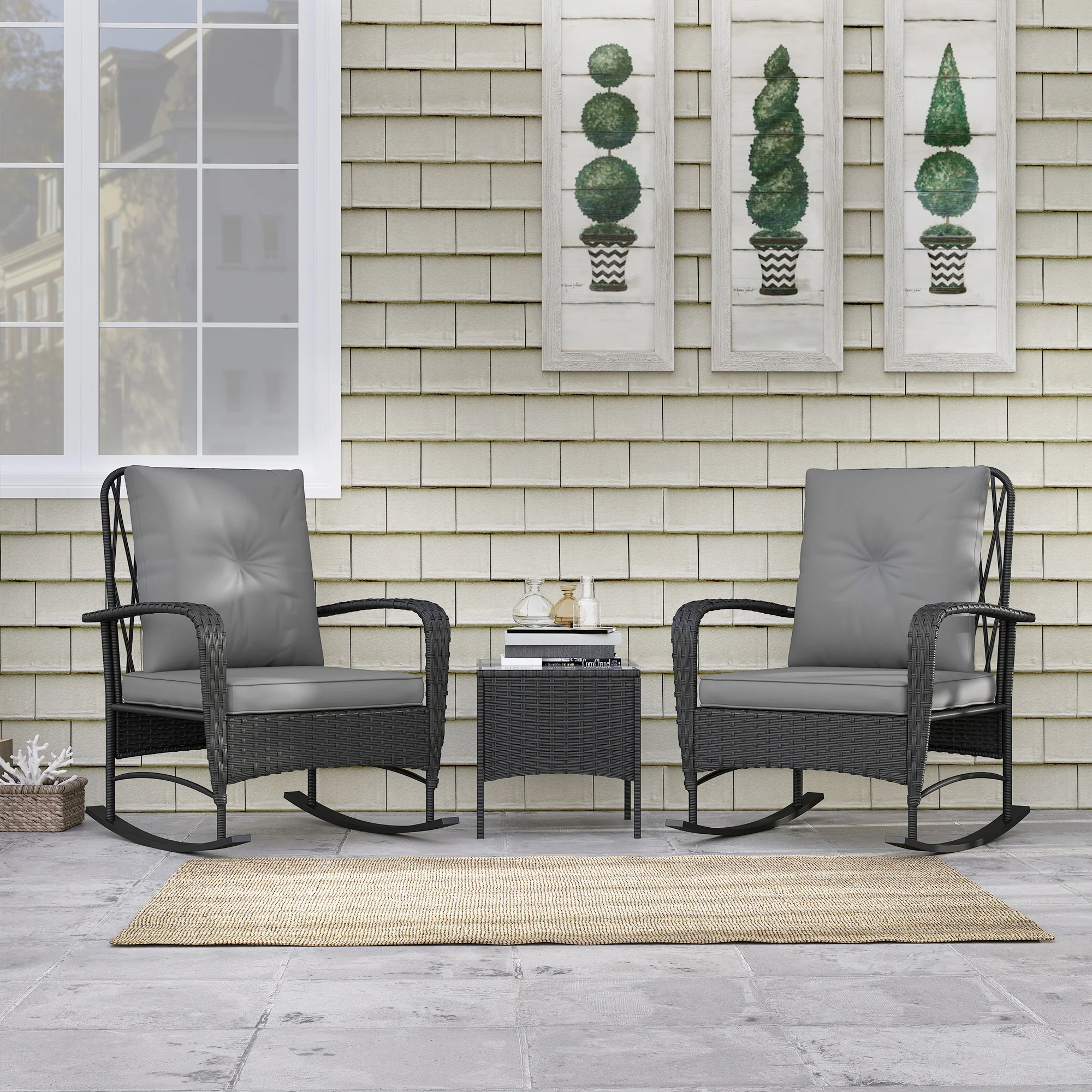 Outsunny Rattan Bistro Set Balcony Furniture with Rocking Chairs, Black - Image 9