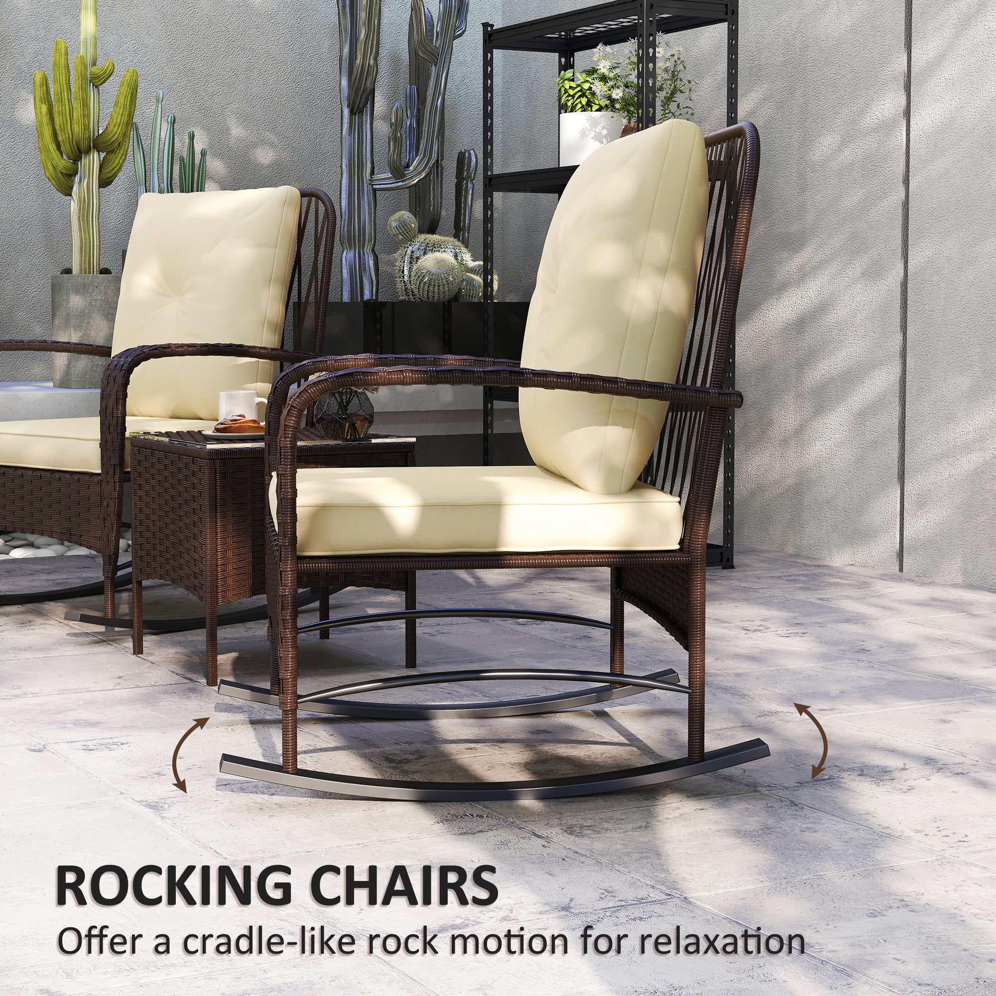 Outsunny Rattan Bistro Set Balcony Furniture With Rocking Chairs, Brown - Image 3