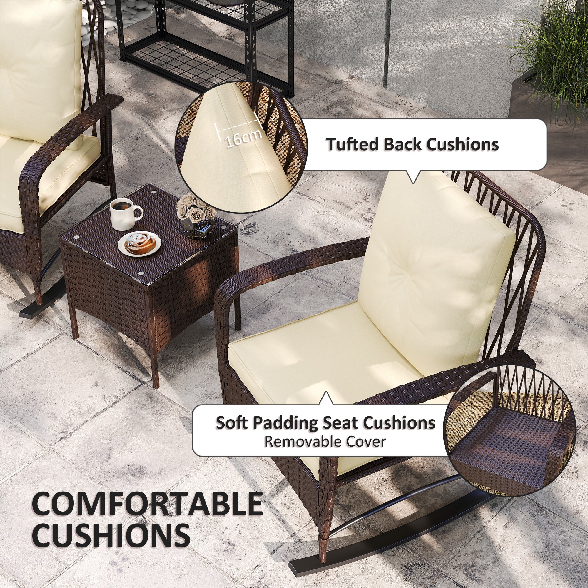 Outsunny Rattan Bistro Set Balcony Furniture With Rocking Chairs, Brown - Image 6