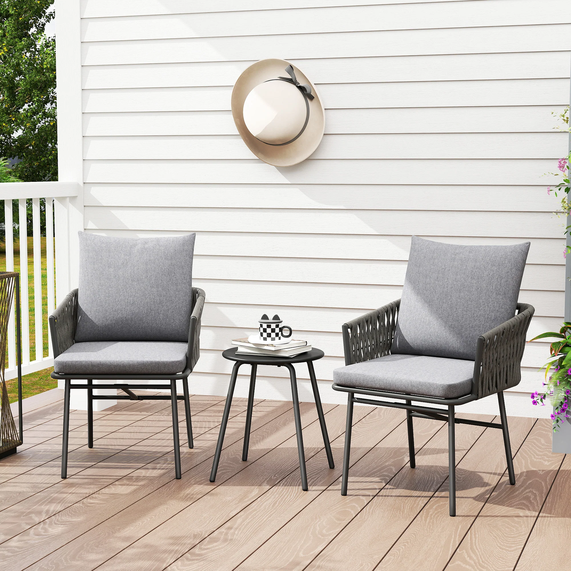 Outsunny Rattan Bistro Set, Balcony Table And Chairs With 4 Cushions, Grey - Image 2