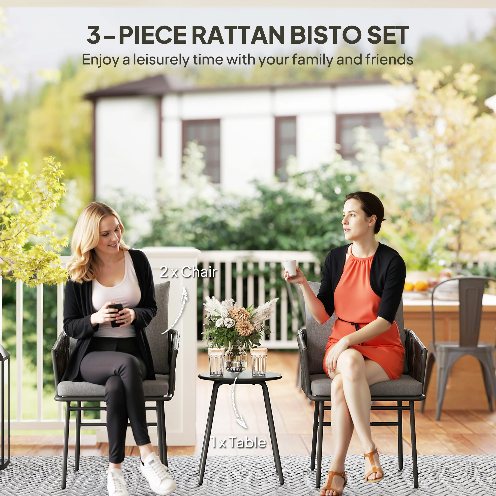 Outsunny Rattan Bistro Set, Balcony Table And Chairs With 4 Cushions, Grey - Image 3