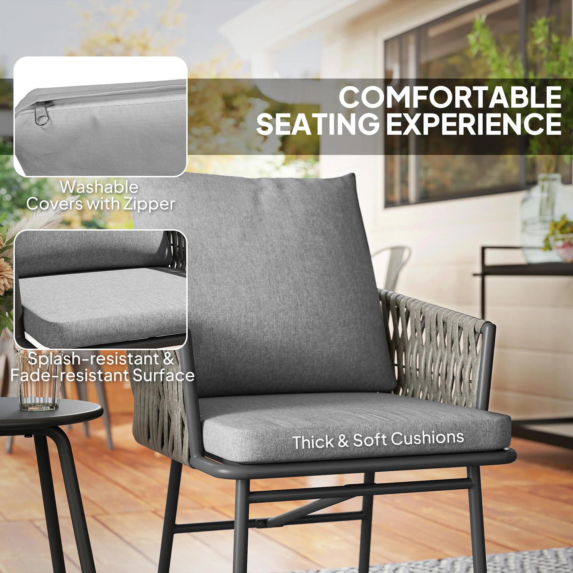 Outsunny Rattan Bistro Set, Balcony Table And Chairs With 4 Cushions, Grey - Image 4