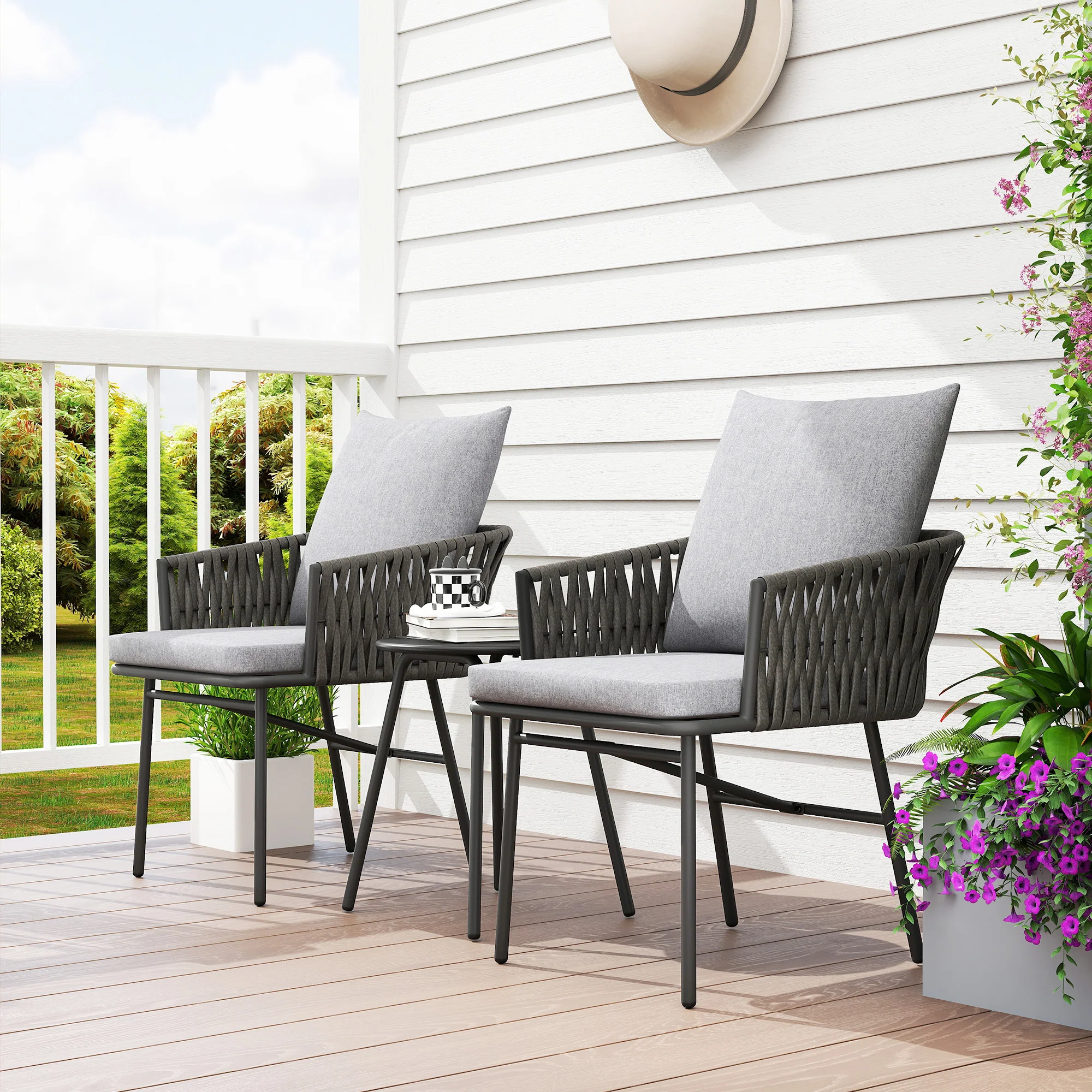 Outsunny Rattan Bistro Set, Balcony Table And Chairs With 4 Cushions, Grey - Image 7