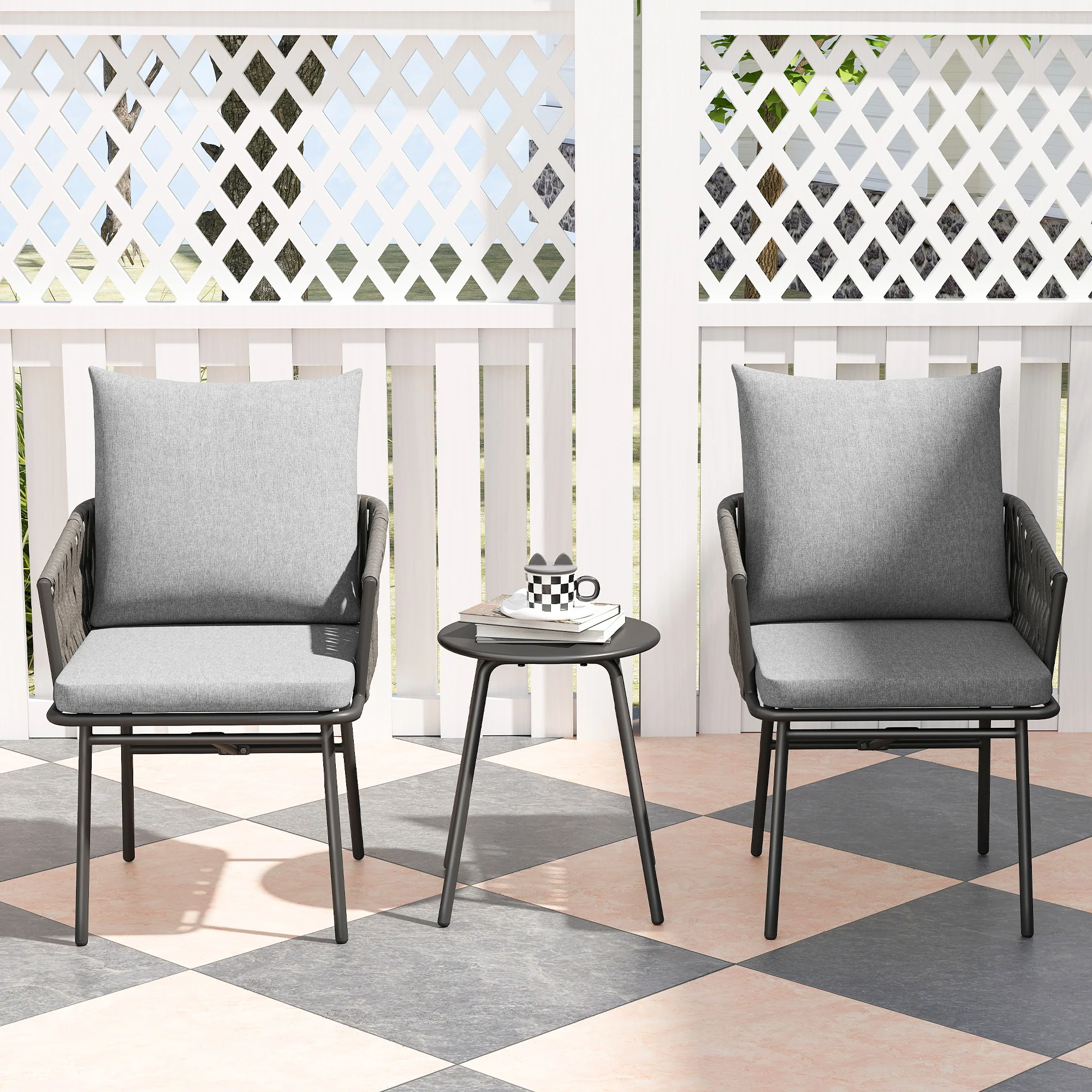 Outsunny Rattan Bistro Set, Balcony Table And Chairs With 4 Cushions, Grey - Image 8