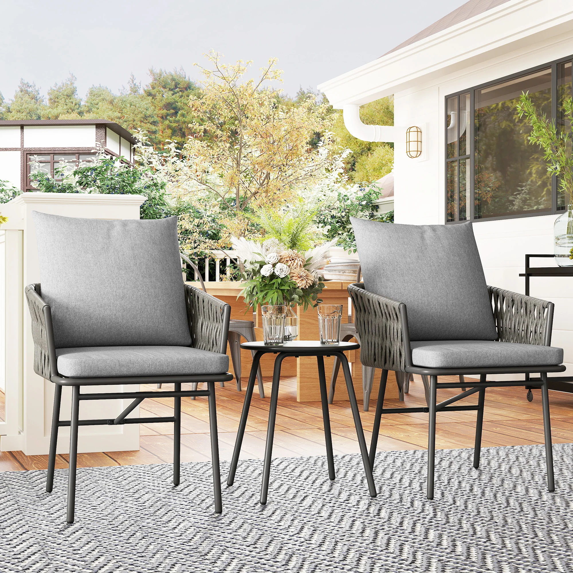 Outsunny Rattan Bistro Set, Balcony Table And Chairs With 4 Cushions, Grey - Image 9