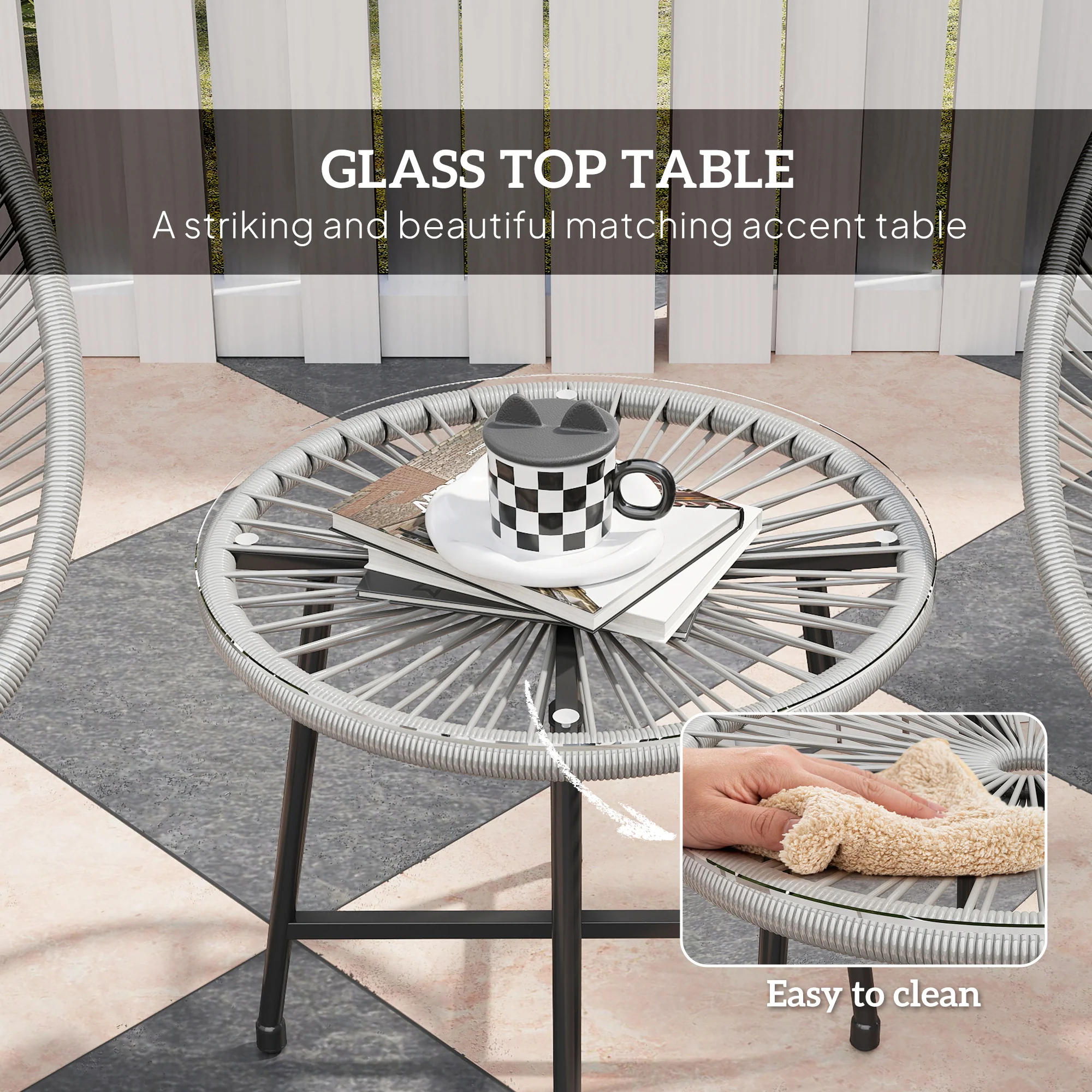 Outsunny Rattan Bistro Set, Cushioned Acapulco Chairs, Glass Table - Image 6
