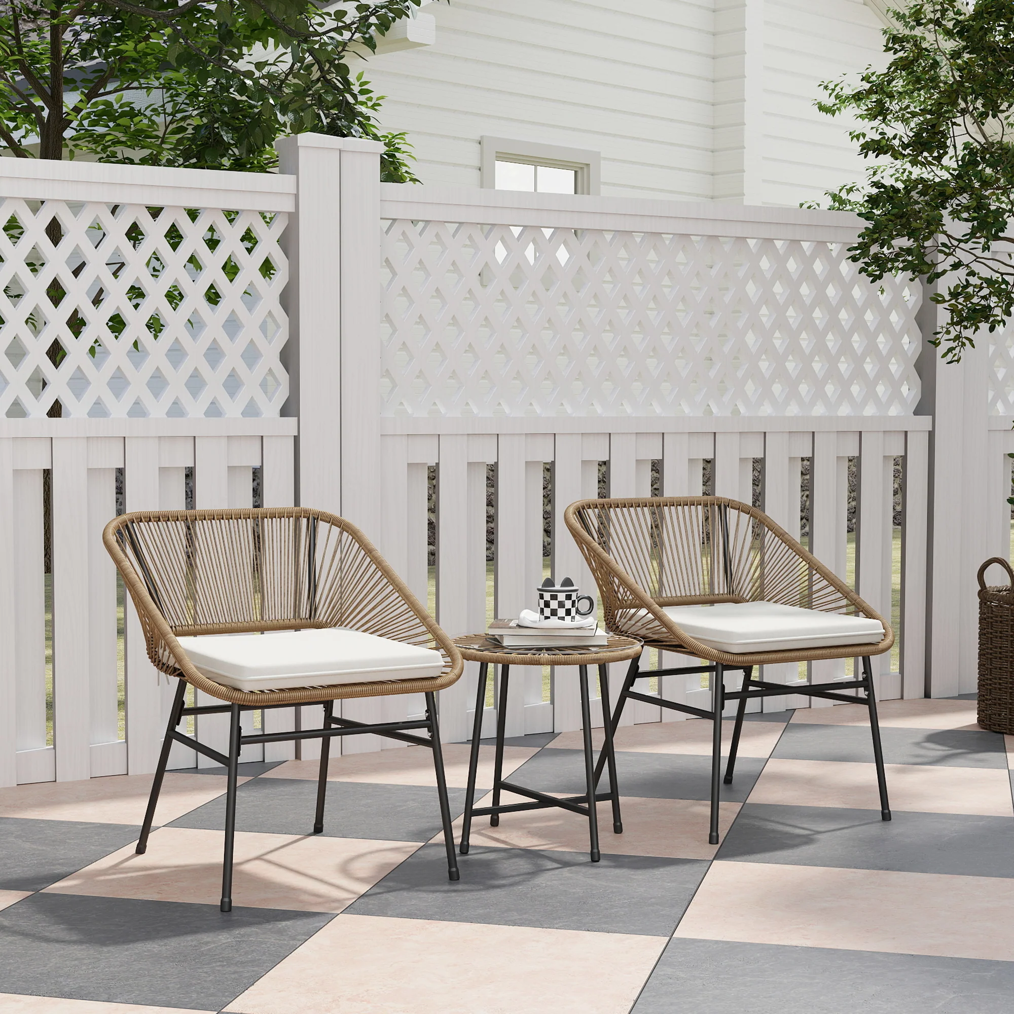 Outsunny Rattan Bistro Set, Small Balcony Furniture with Cushion, Light Grey - Image 11