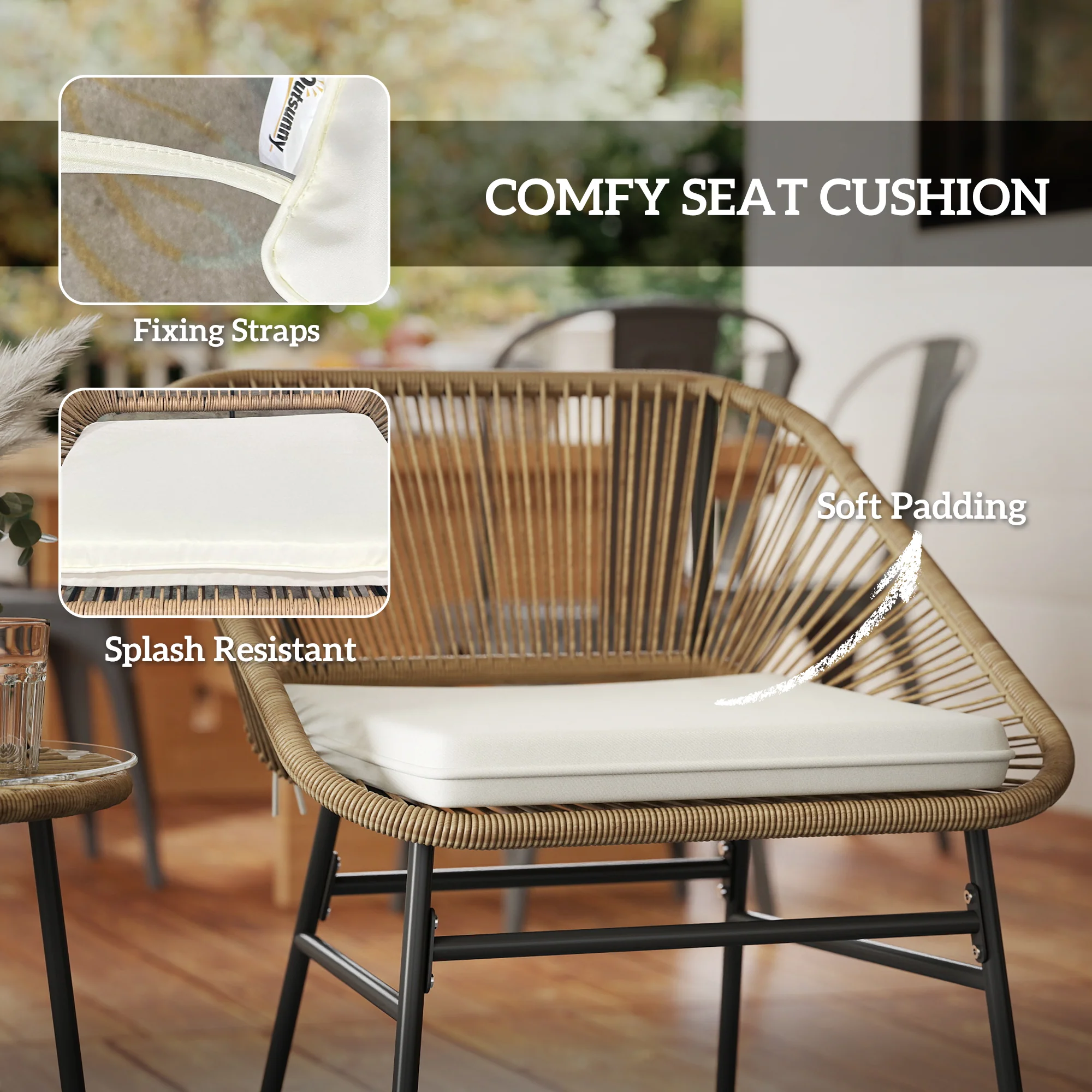 Outsunny Rattan Bistro Set, Small Balcony Furniture with Cushion, Light Grey - Image 15