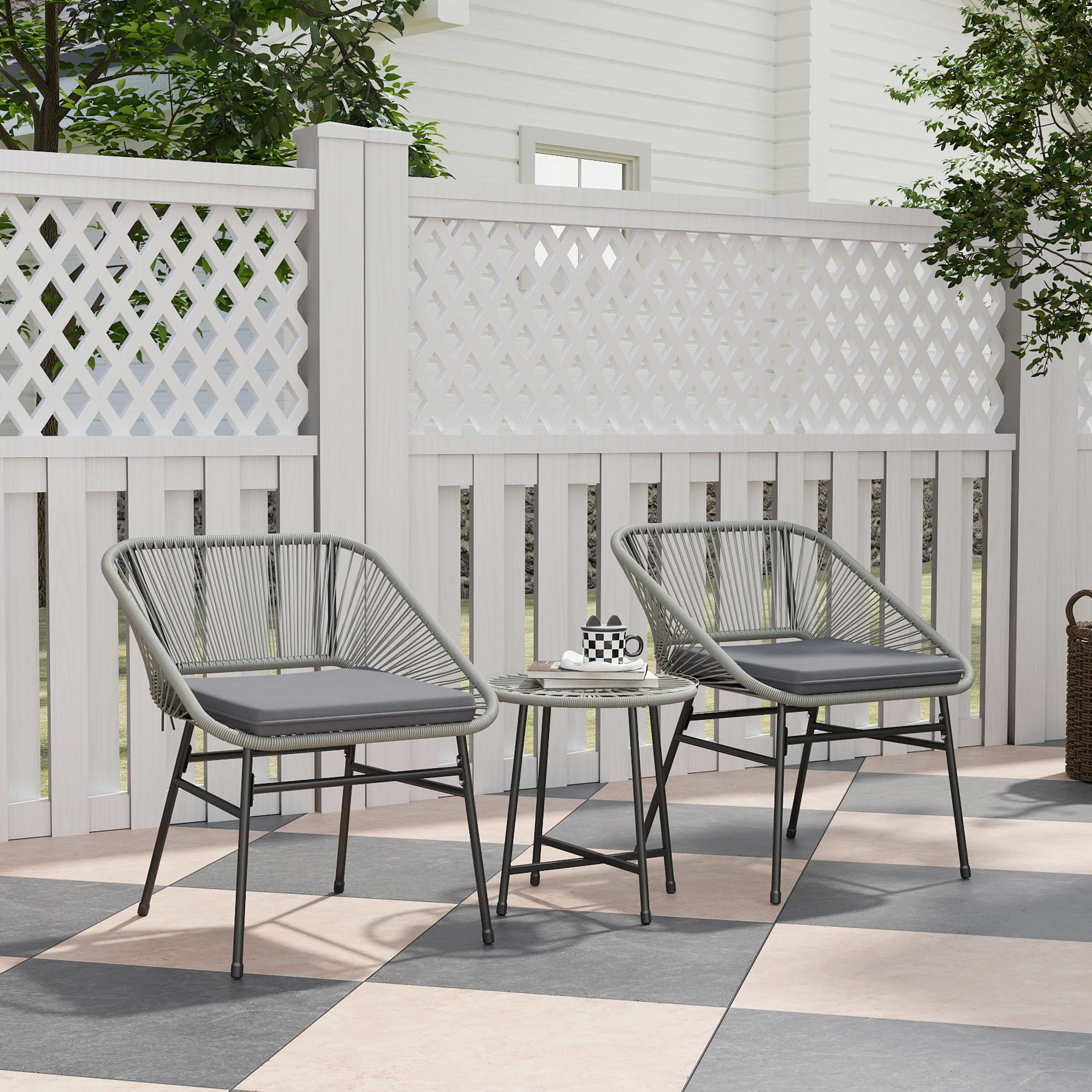Outsunny Rattan Bistro Set, Small Balcony Furniture with Cushion, Light Grey - Image 2