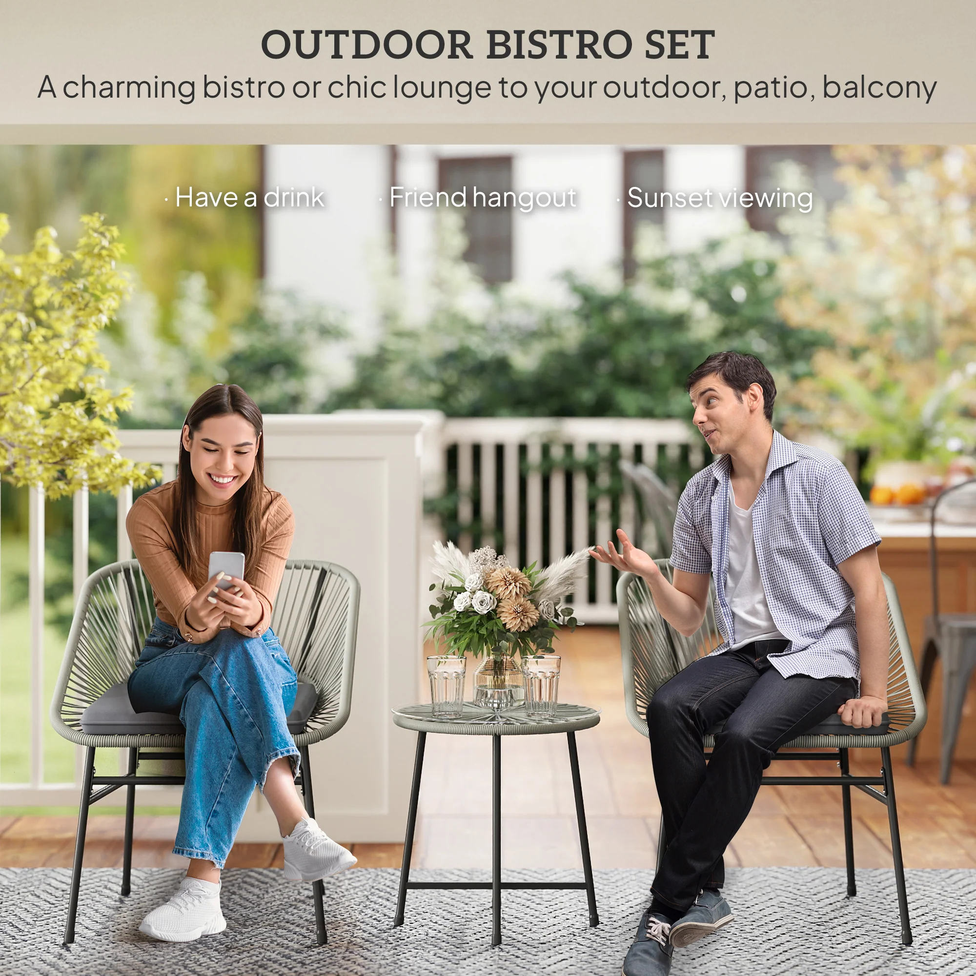 Outsunny Rattan Bistro Set, Small Balcony Furniture with Cushion, Light Grey - Image 3
