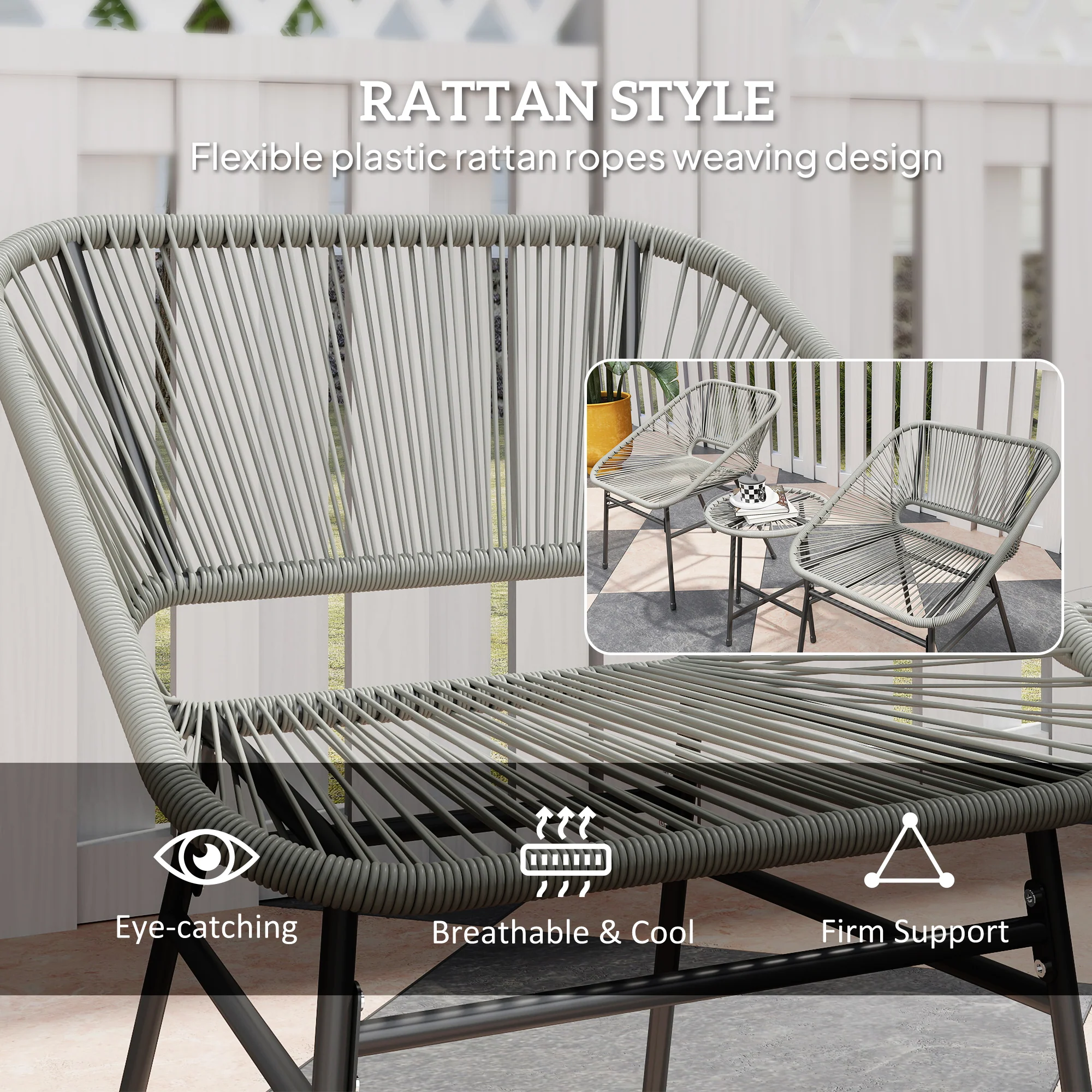 Outsunny Rattan Bistro Set, Small Balcony Furniture with Cushion, Light Grey - Image 4