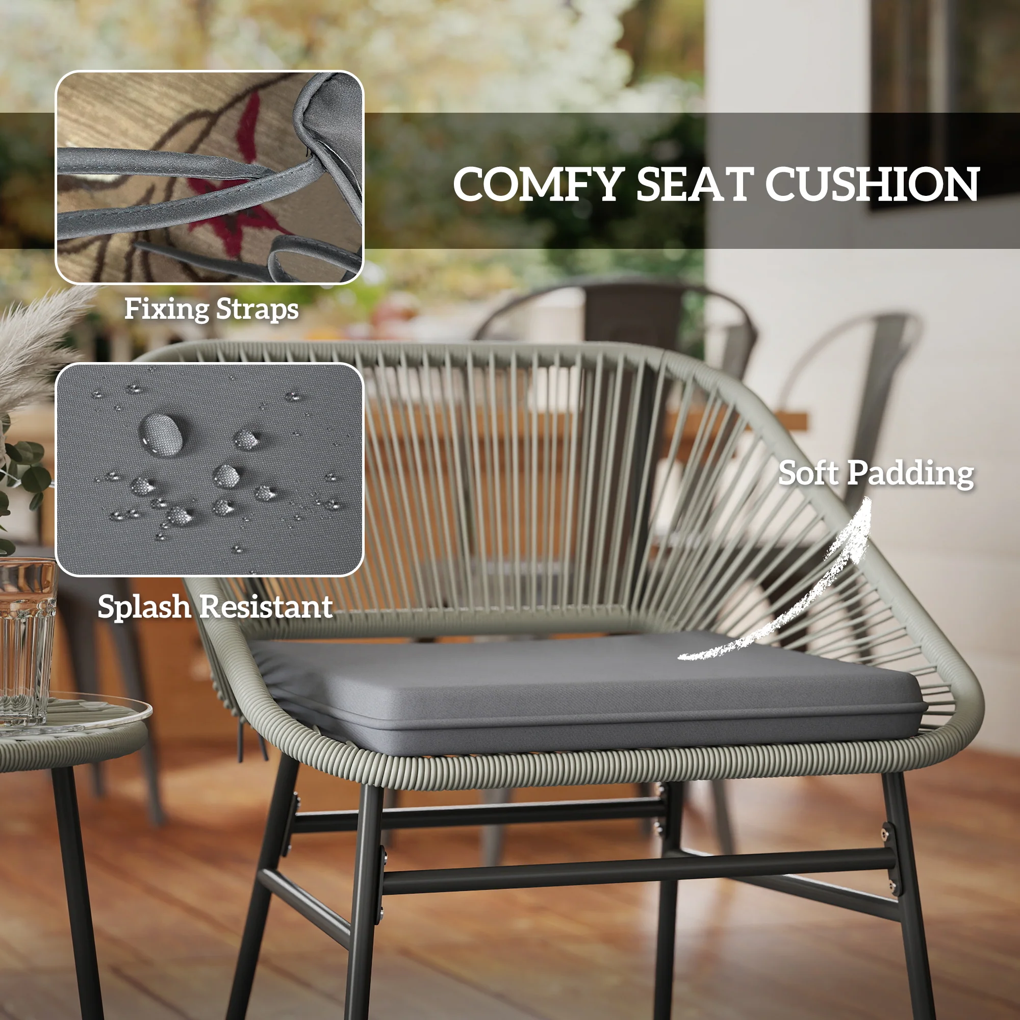 Outsunny Rattan Bistro Set, Small Balcony Furniture with Cushion, Light Grey - Image 6