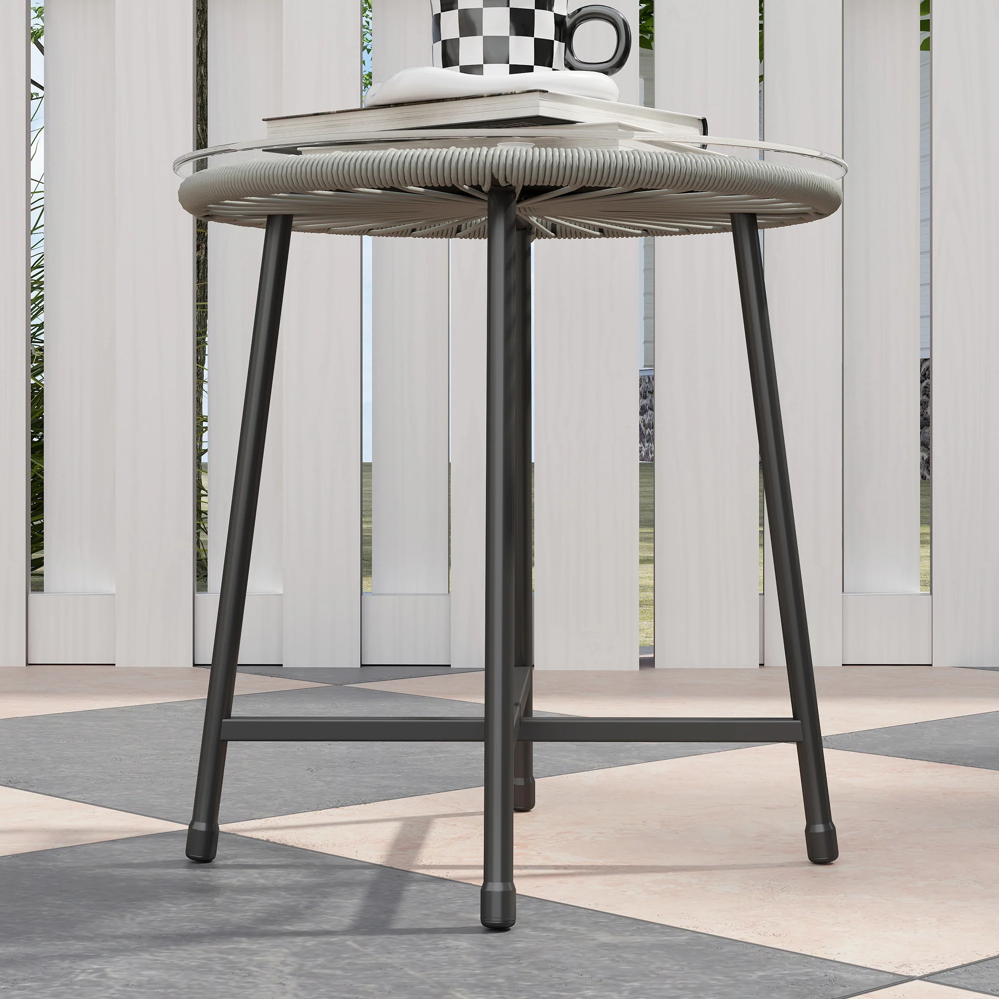 Outsunny Rattan Bistro Set, Small Balcony Furniture with Cushion, Light Grey - Image 9