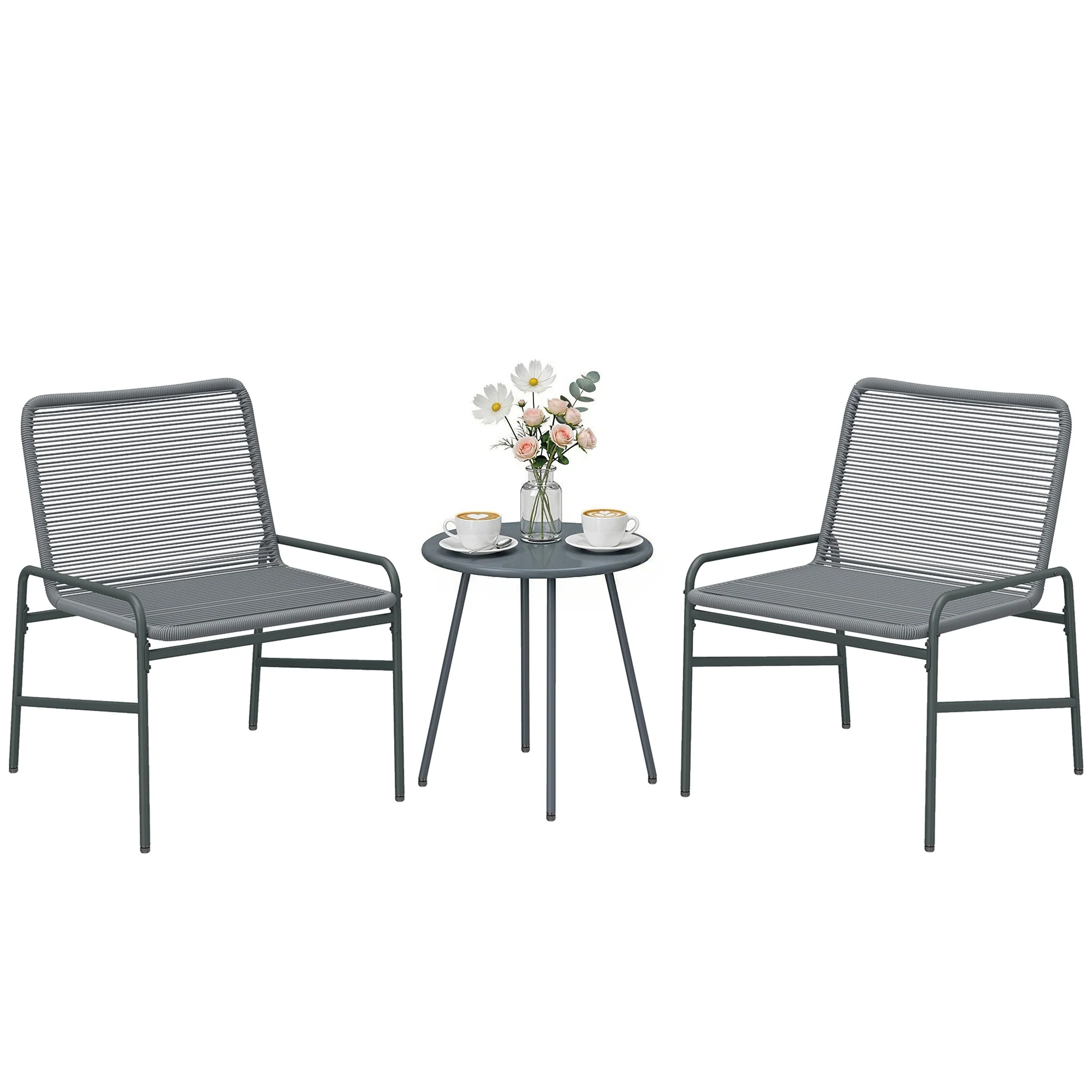 Outsunny Rattan Bistro Set with 2 Chairs & Round Table for Patio, Dark Grey