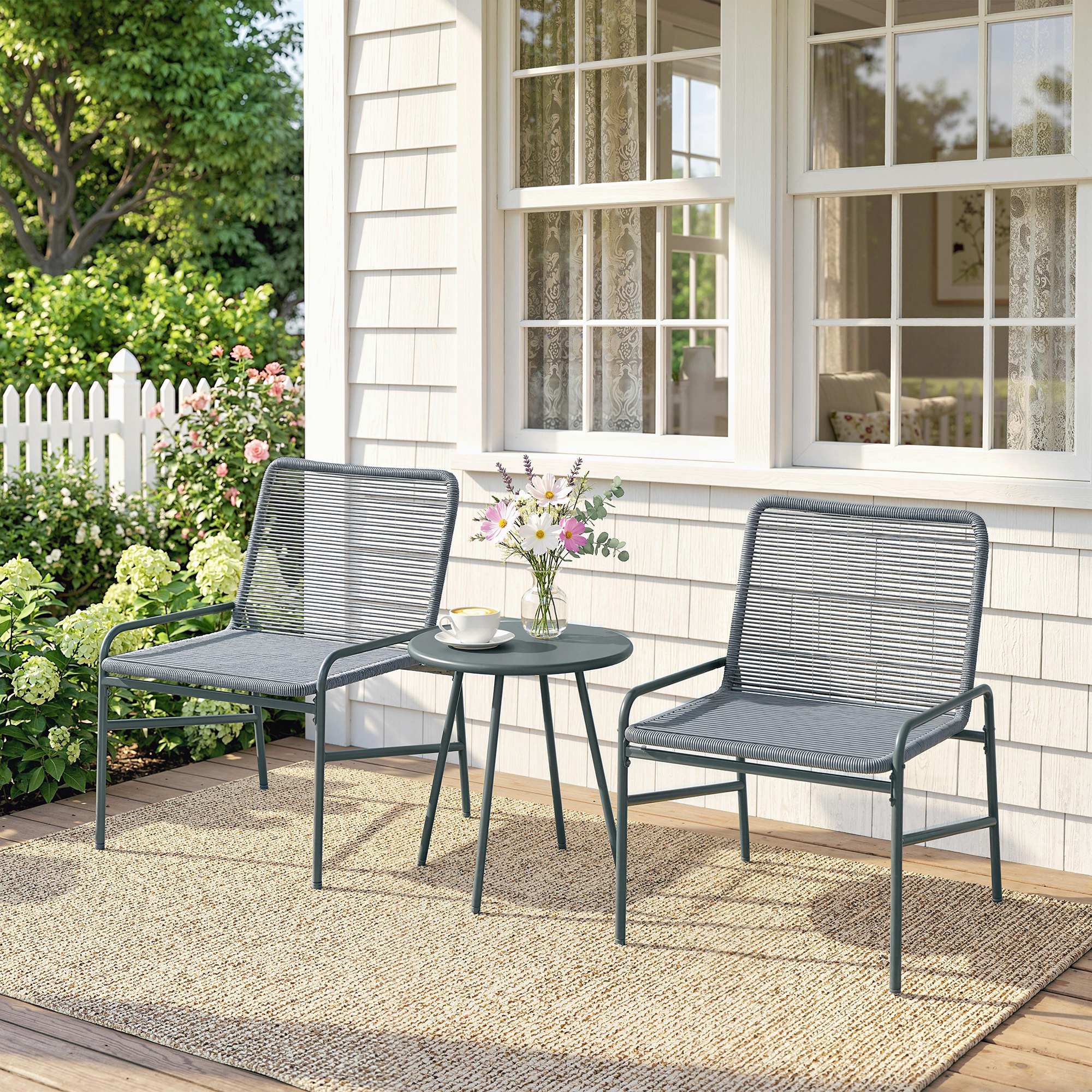 Outsunny Rattan Bistro Set with 2 Chairs & Round Table for Patio, Dark Grey - Image 2