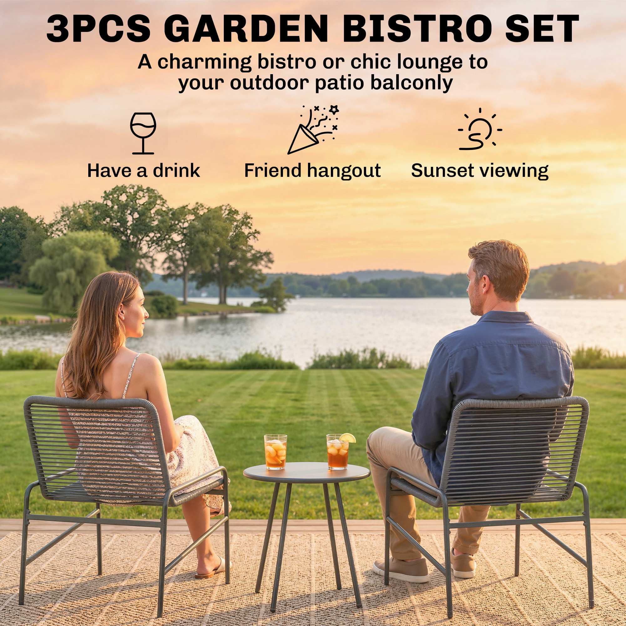 Outsunny Rattan Bistro Set with 2 Chairs & Round Table for Patio, Dark Grey - Image 3