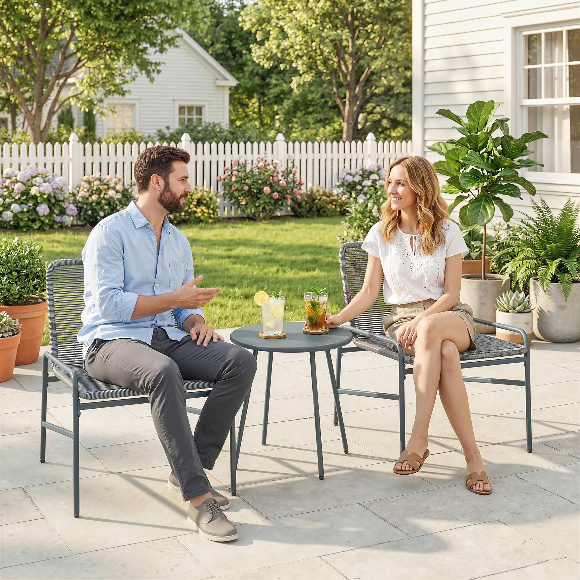 Outsunny Rattan Bistro Set with 2 Chairs & Round Table for Patio, Dark Grey - Image 8