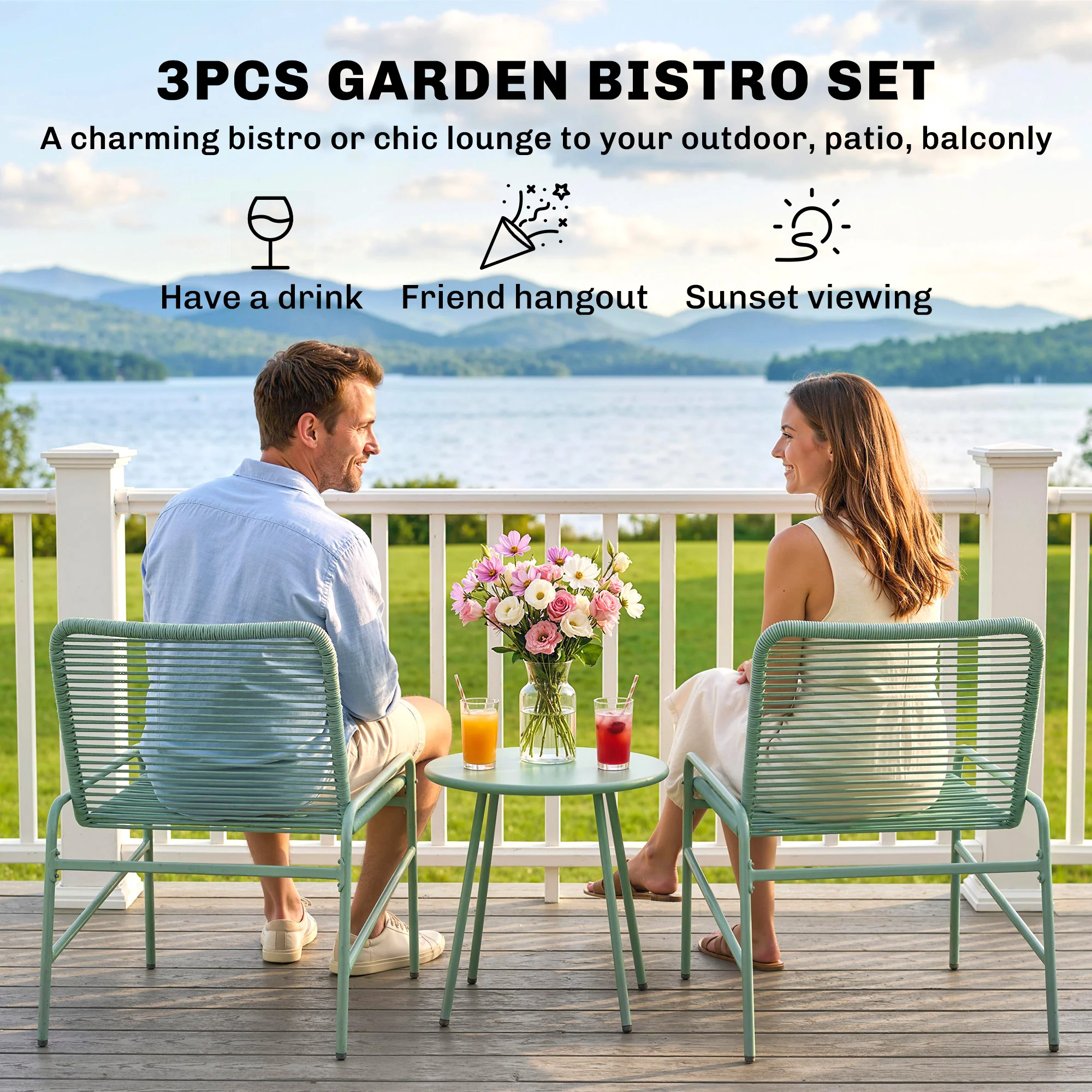 Outsunny Rattan Bistro Set with 2 Chairs & Round Table for Patio, Green - Image 3