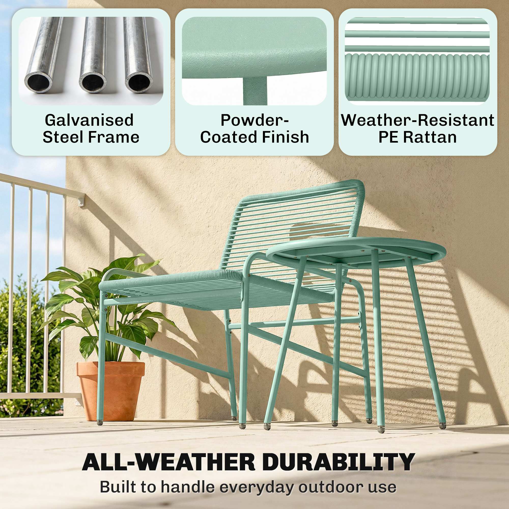 Outsunny Rattan Bistro Set with 2 Chairs & Round Table for Patio, Green - Image 4