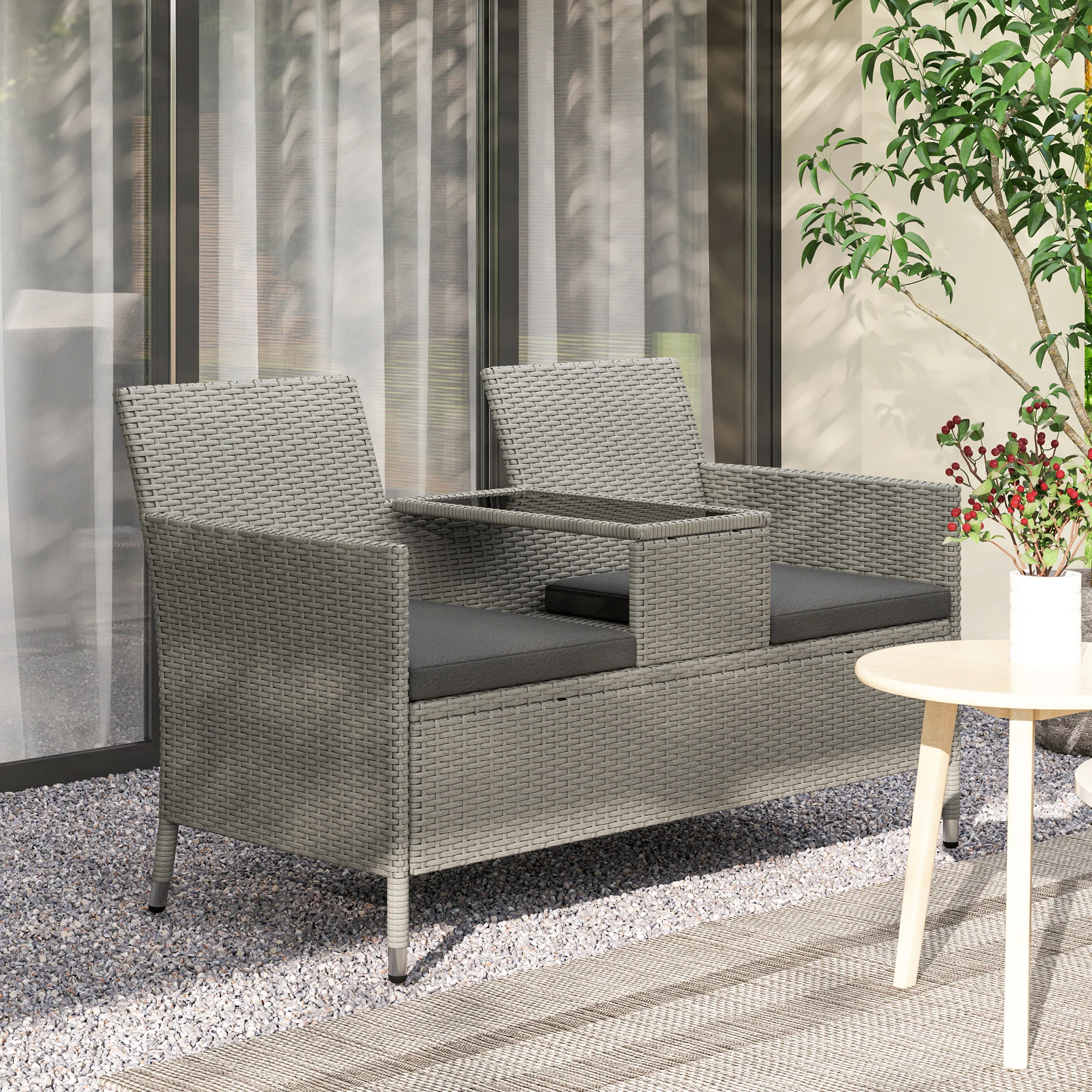 Outsunny Rattan Chair Garden Furniture Patio Companion Love Seat Table Grey - Image 2