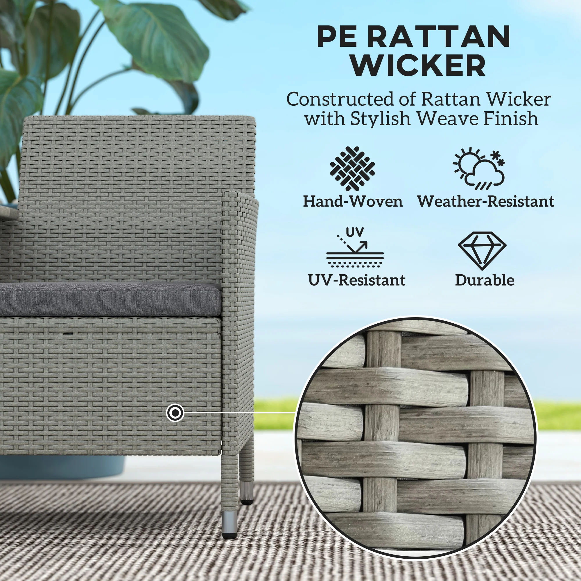 Outsunny Rattan Chair Garden Furniture Patio Companion Love Seat Table Grey - Image 3