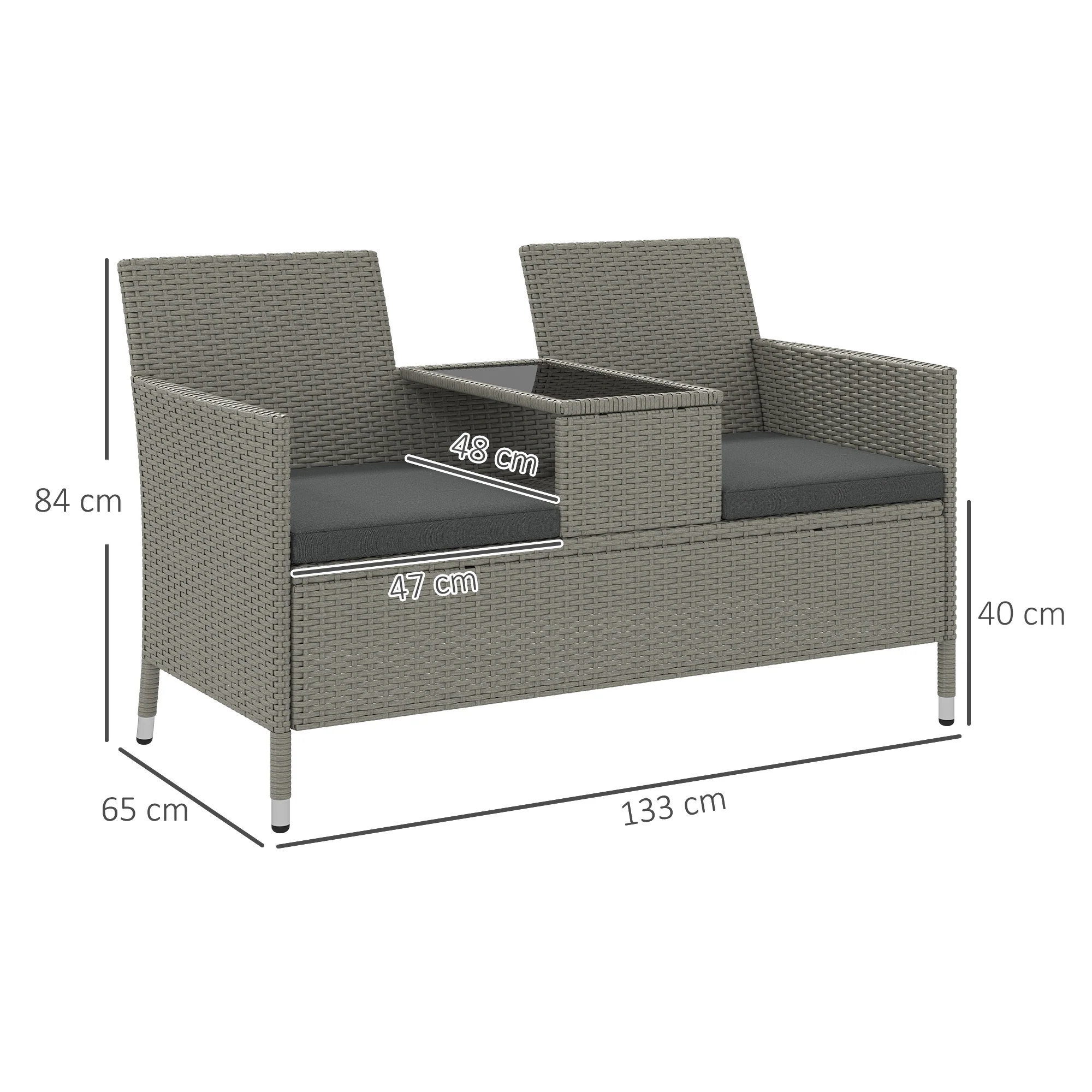 Outsunny Rattan Chair Garden Furniture Patio Companion Love Seat Table Grey - Image 5