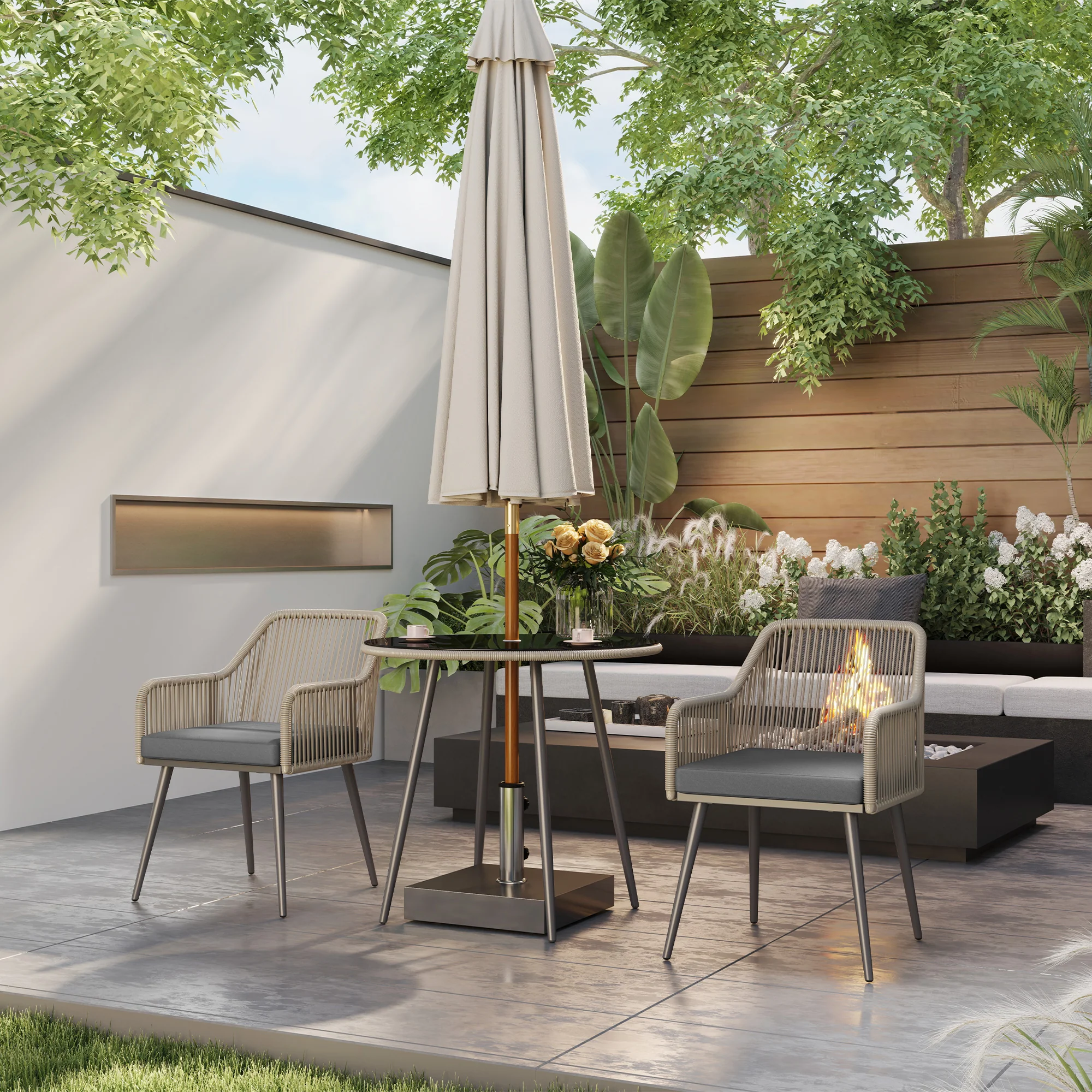 Outsunny Rattan Dining Set, 4 Seater Rattan Garden Furniture, Light Brown - Image 2