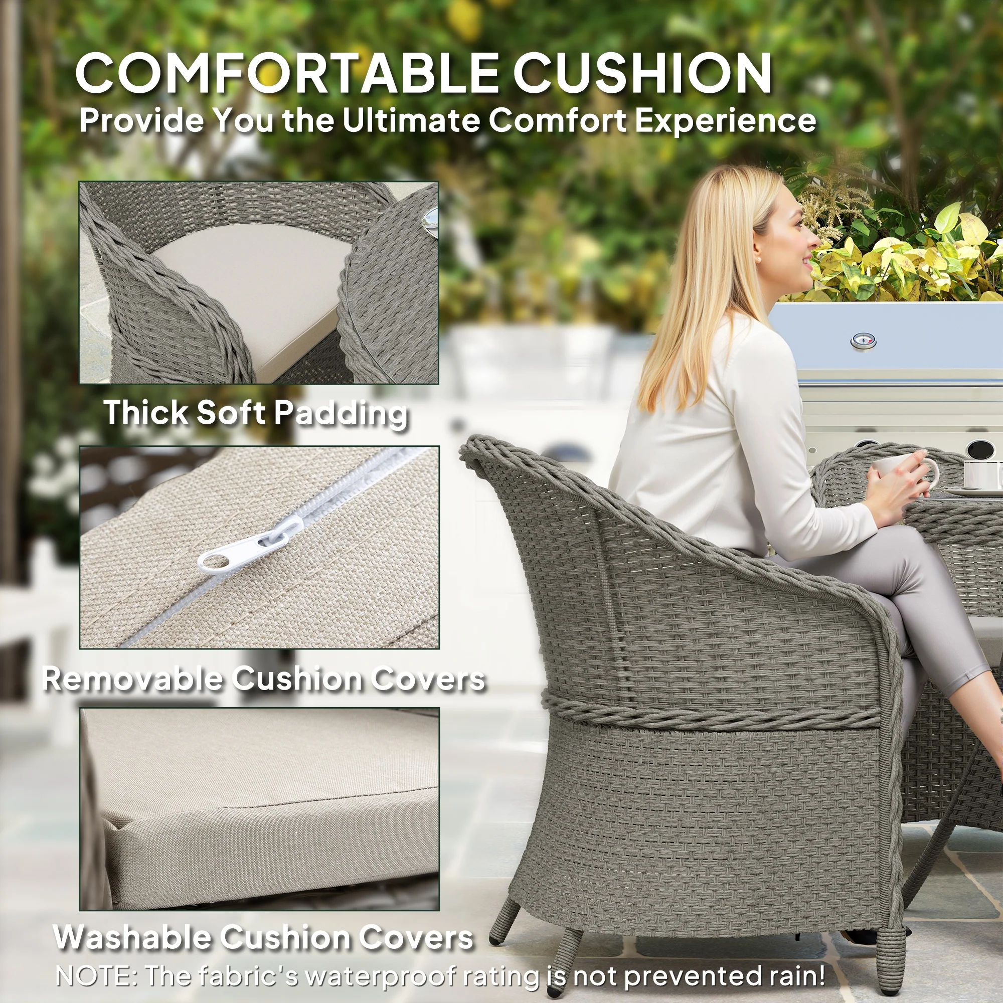Outsunny Rattan Dining Set For 4 With Cushions And Umbrella Hole, Grey - Image 7