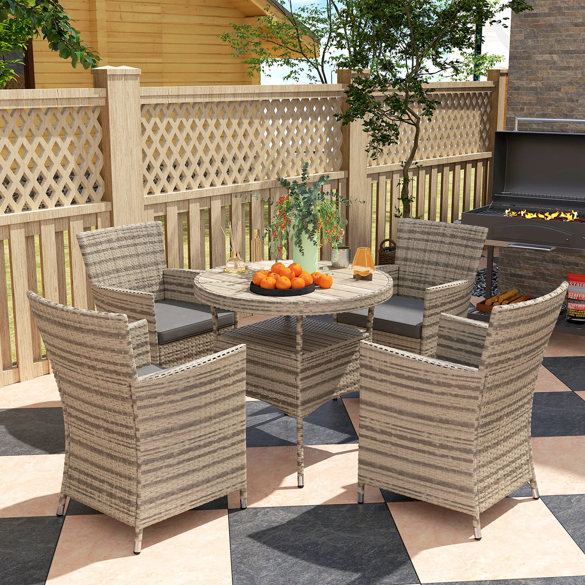 Outsunny Rattan Dining Set for 4 with Cushions for Patio, Balcony, Grey - Image 2