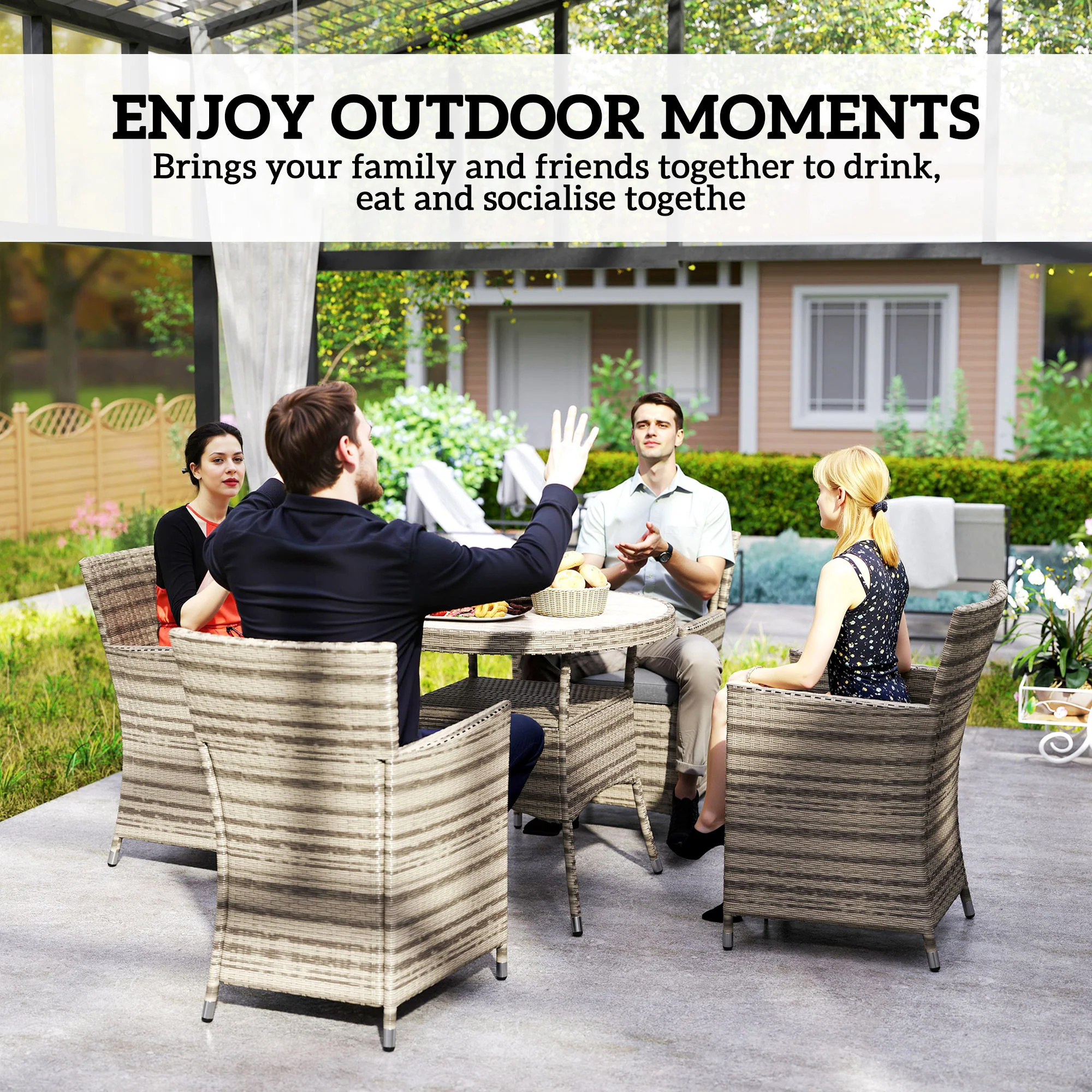 Outsunny Rattan Dining Set for 4 with Cushions for Patio, Balcony, Grey - Image 3