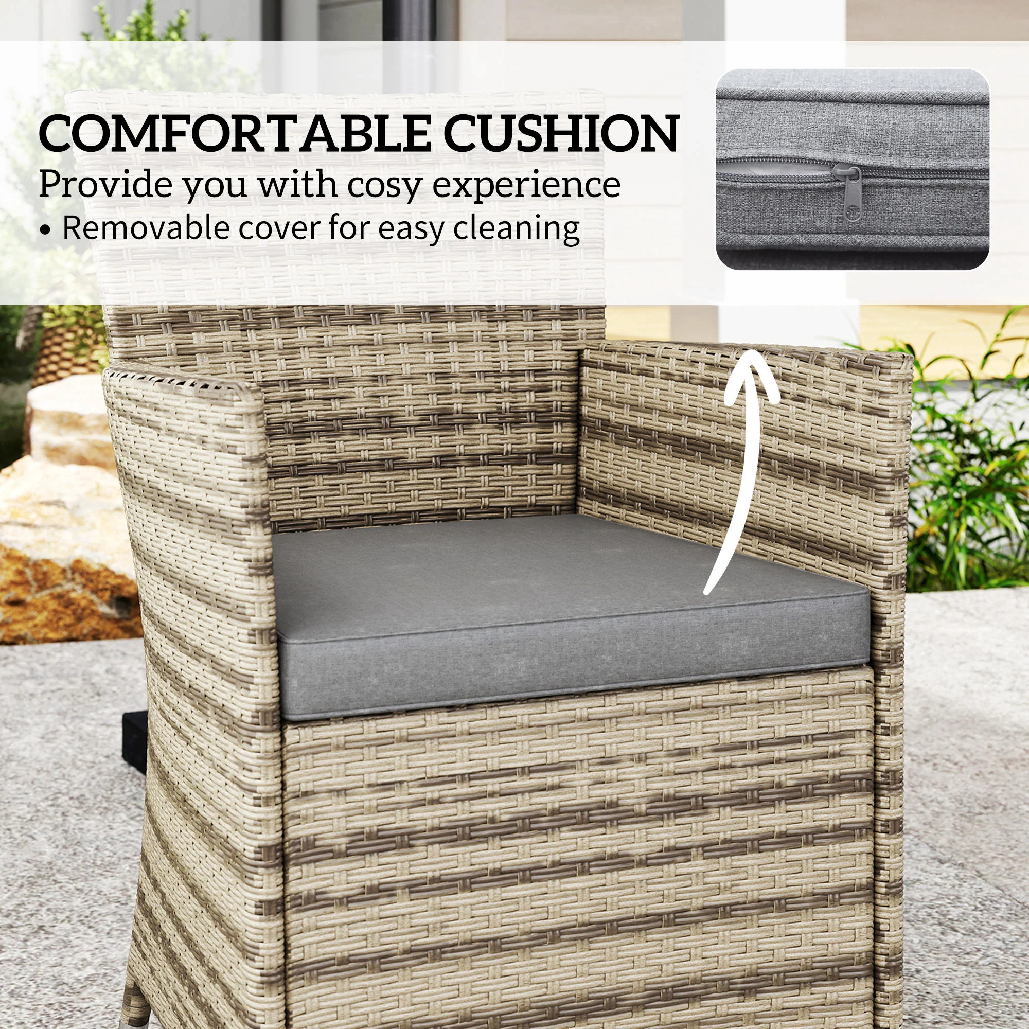 Outsunny Rattan Dining Set for 4 with Cushions for Patio, Balcony, Grey - Image 6