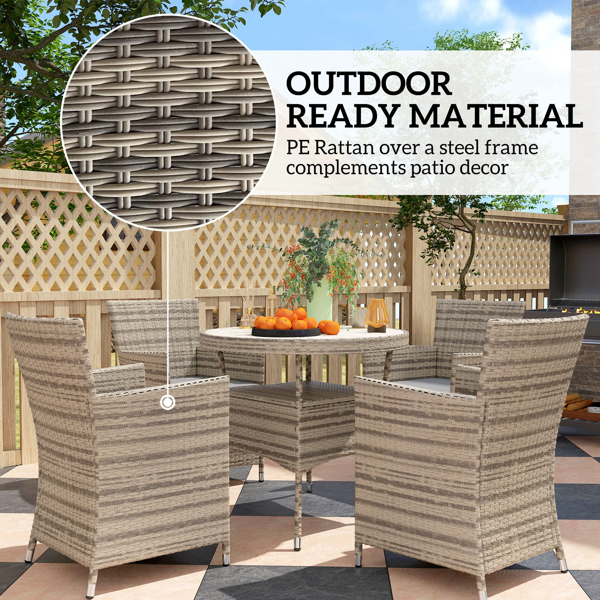 Outsunny Rattan Dining Set for 4 with Cushions for Patio, Balcony, Grey - Image 7