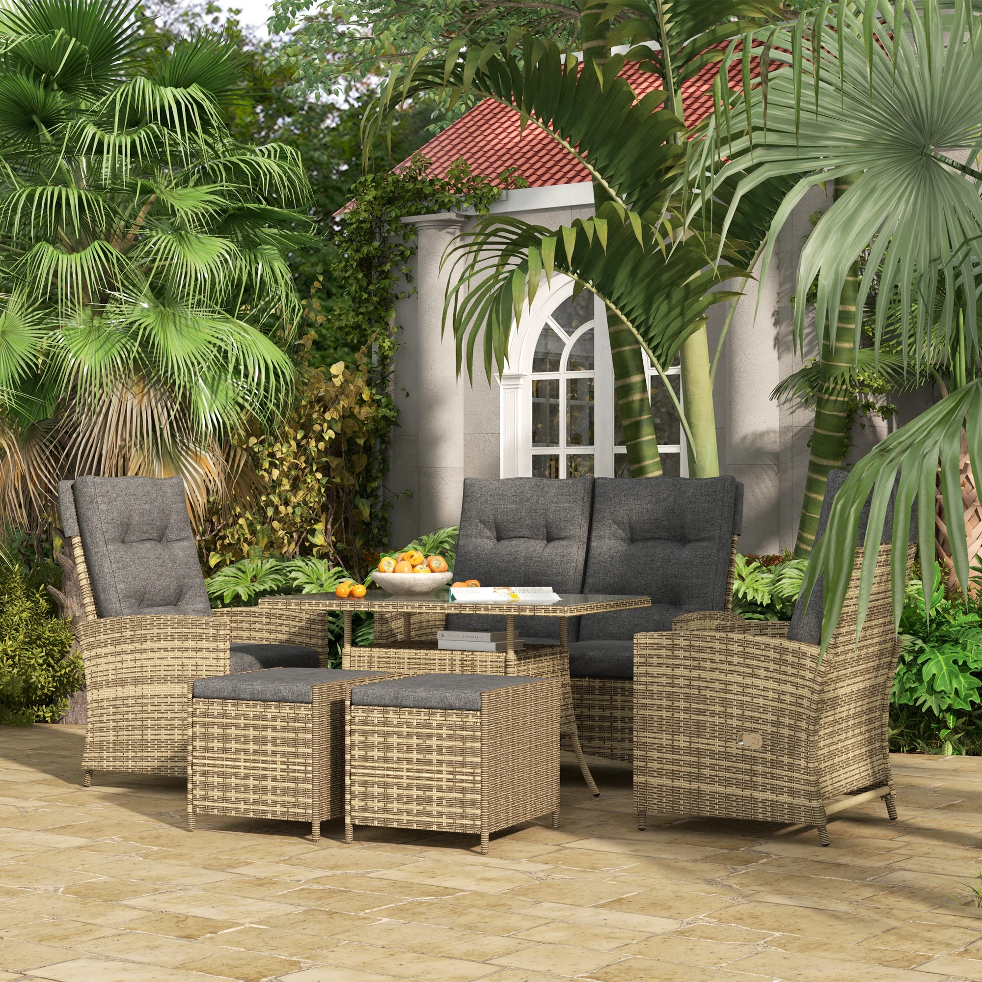 Outsunny Rattan Dining Set for 6, 2 Reclining Chairs with Cushions, Grey - Image 2