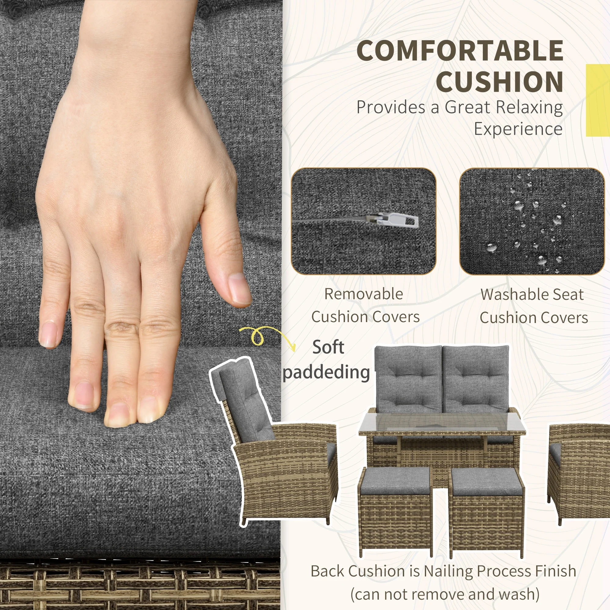 Outsunny Rattan Dining Set for 6, 2 Reclining Chairs with Cushions, Grey - Image 4