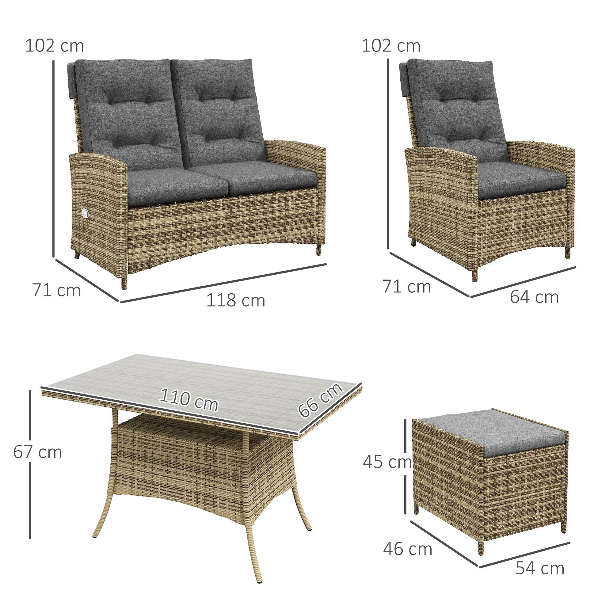 Outsunny Rattan Dining Set for 6, 2 Reclining Chairs with Cushions, Grey - Image 5