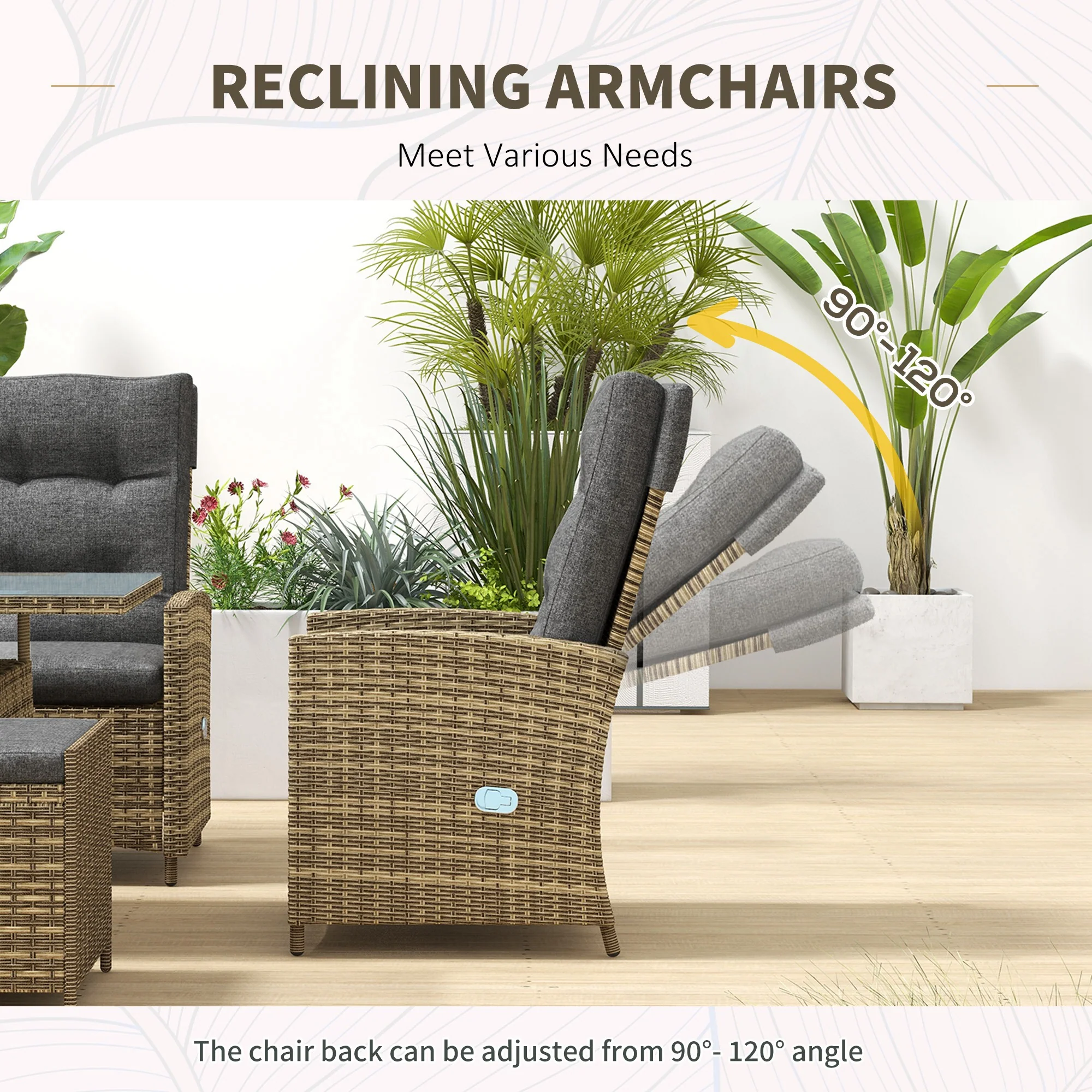 Outsunny Rattan Dining Set for 6, 2 Reclining Chairs with Cushions, Grey - Image 7
