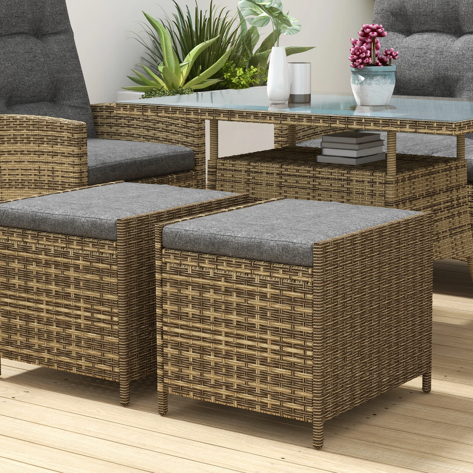 Outsunny Rattan Dining Set for 6, 2 Reclining Chairs with Cushions, Grey - Image 8