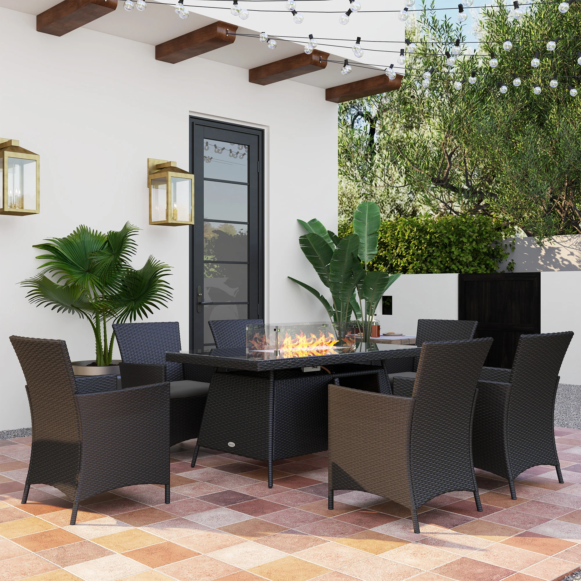 Outsunny Rattan Dining Set With Fire Pit Table And Armchairs, Black - Image 2